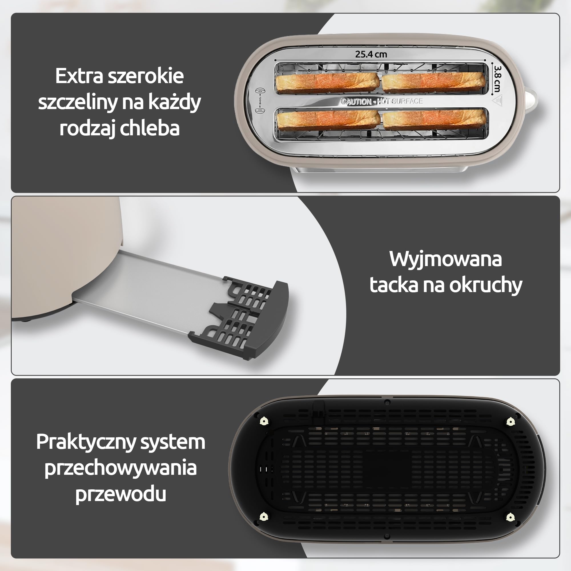 Olvy Toster na 4 Kromki z Wyświetlaczem LCD i Timerem Odliczającym – Ekstra Szerokie Szczeliny na Gruby Chleb – 6 Poziomów Zrumienienia, Rozmrażanie i Podgrzewanie – 1500W – Beige
