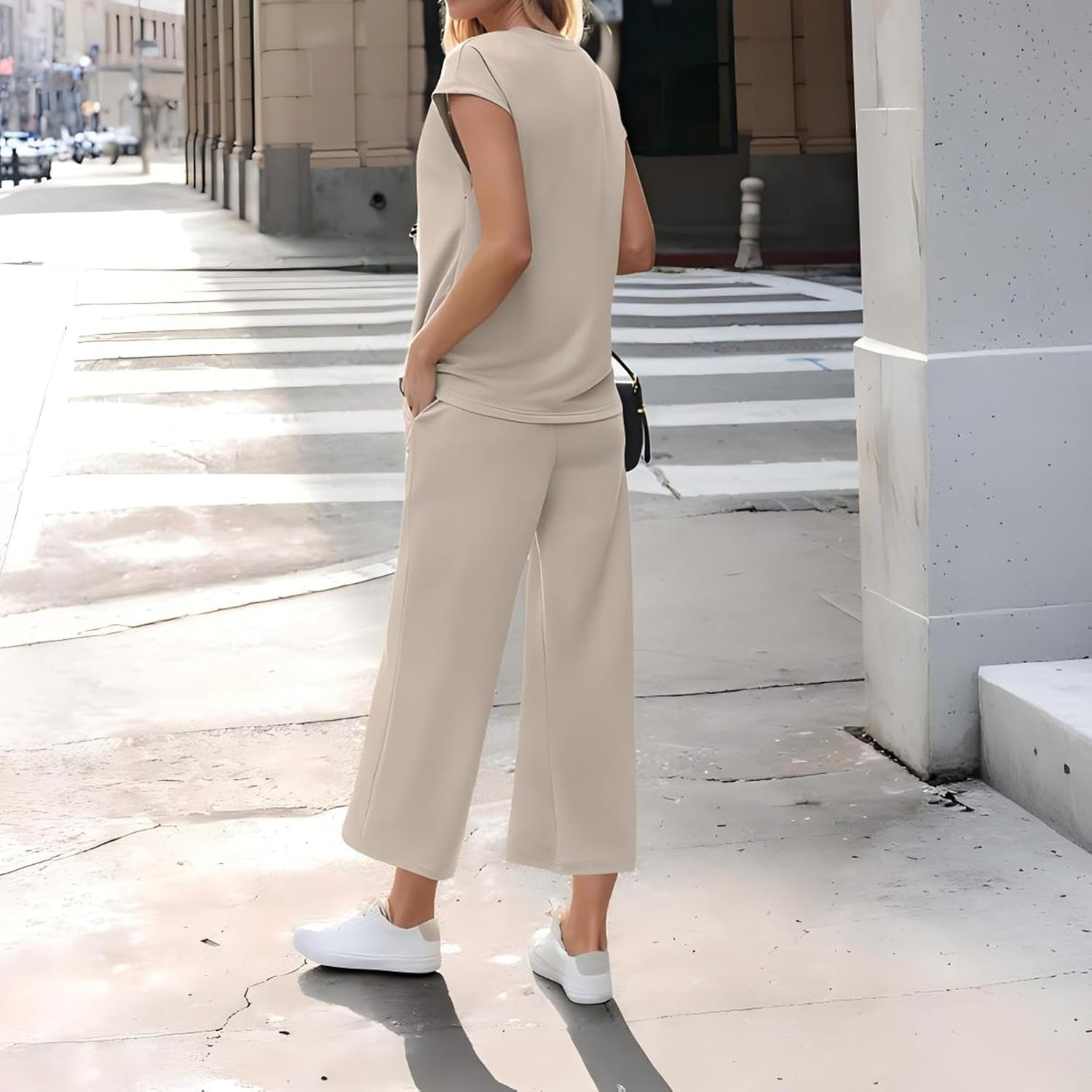 2026 Women Two Piece Lounge Sets Cute Cap Sleeve V-neck Top Wide Leg Pants Comfy Matching Vacation Outfits