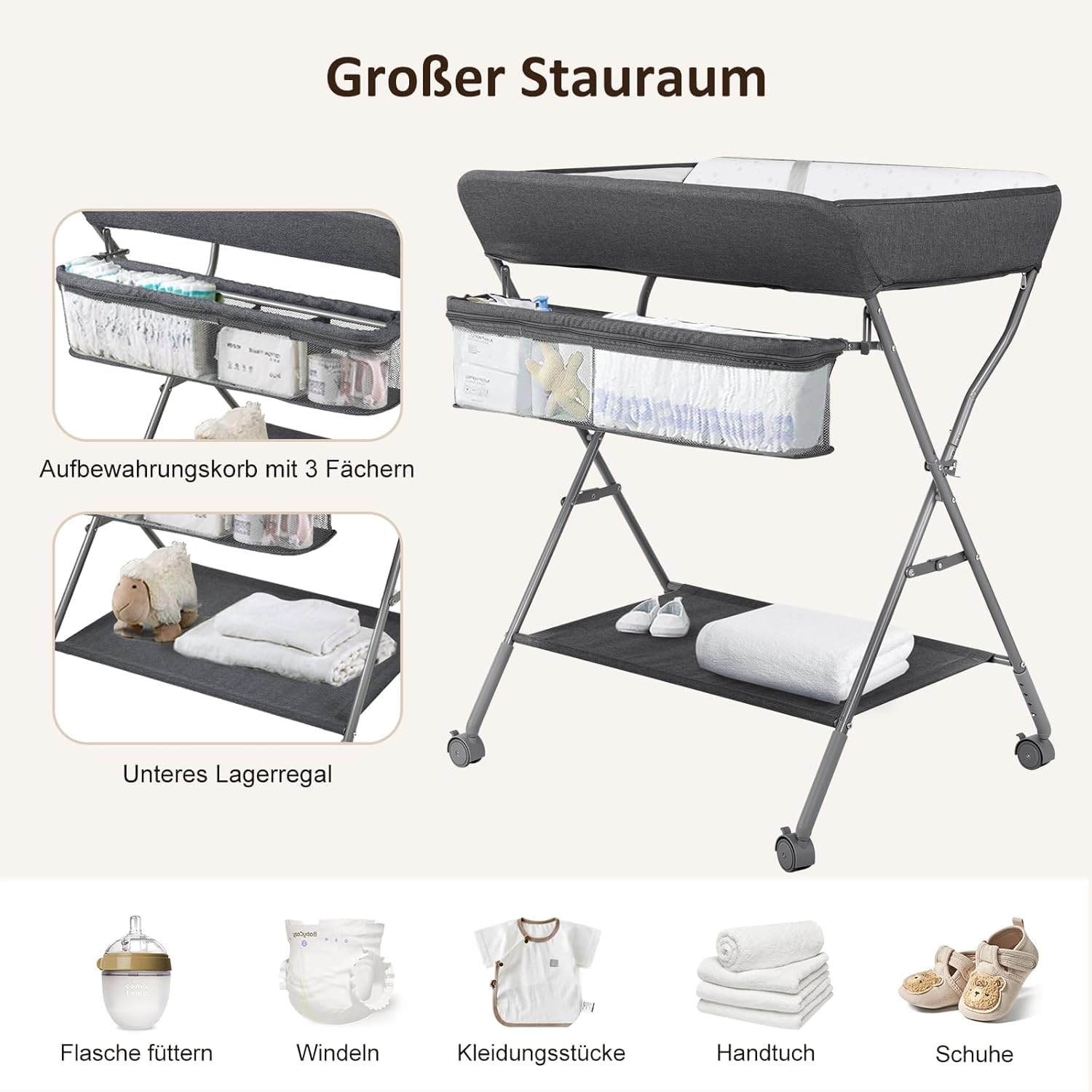 Maydolly Table à langer pour bébé avec roues, station à langer pliante portable à hauteur réglable avec organiseur de pépinière et support de rangement pour nouveau-né et nourrisson (gris foncé)