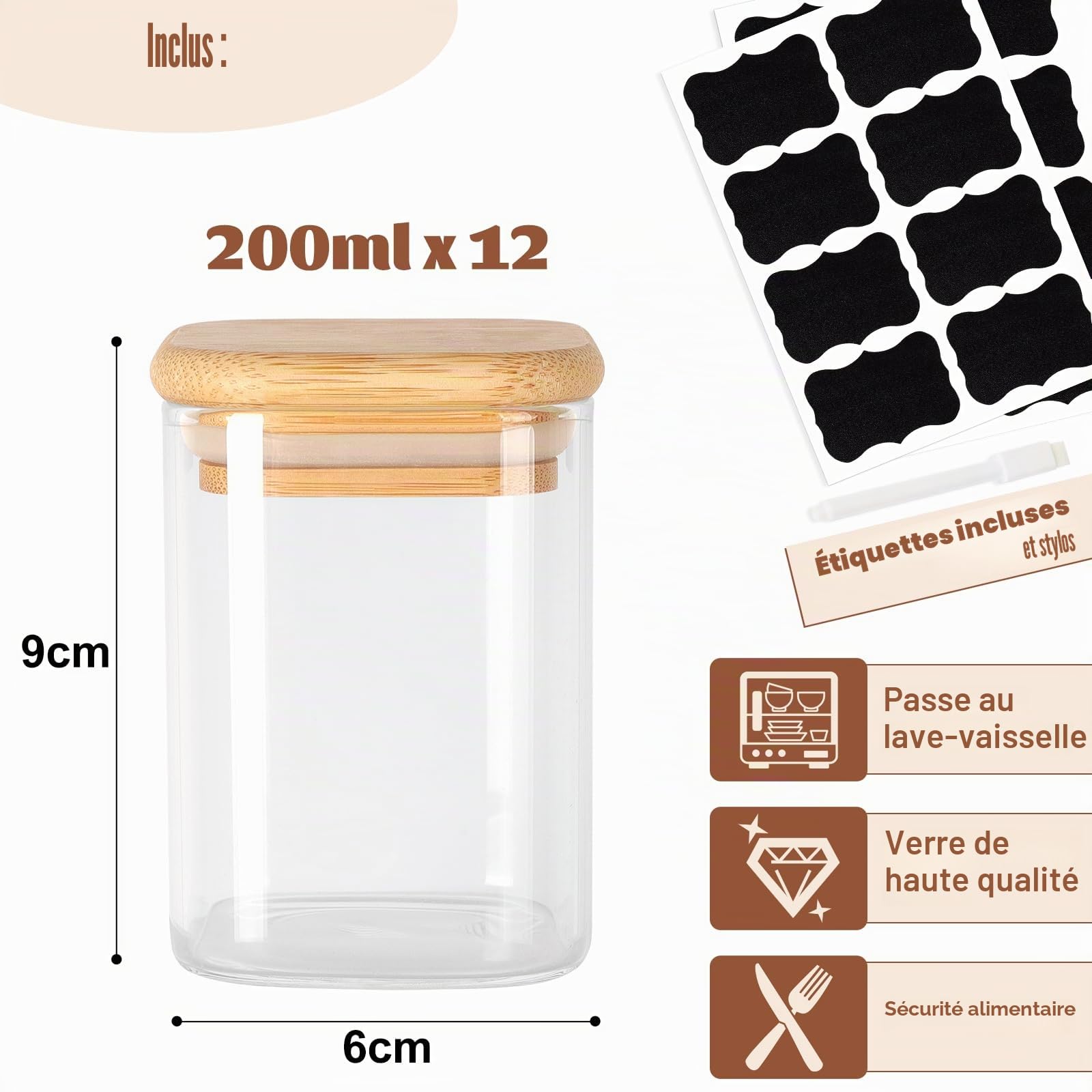 Solvant Lot de 12 Pot a Epices CarréS 200 ml HerméTiques avec Couvercle en Bois, pot Epices Verre, RéCipient à éPices, Ensemble de pots à éPices, Stockage d'éPices, Shaker à éPices, Stockage d'éPices