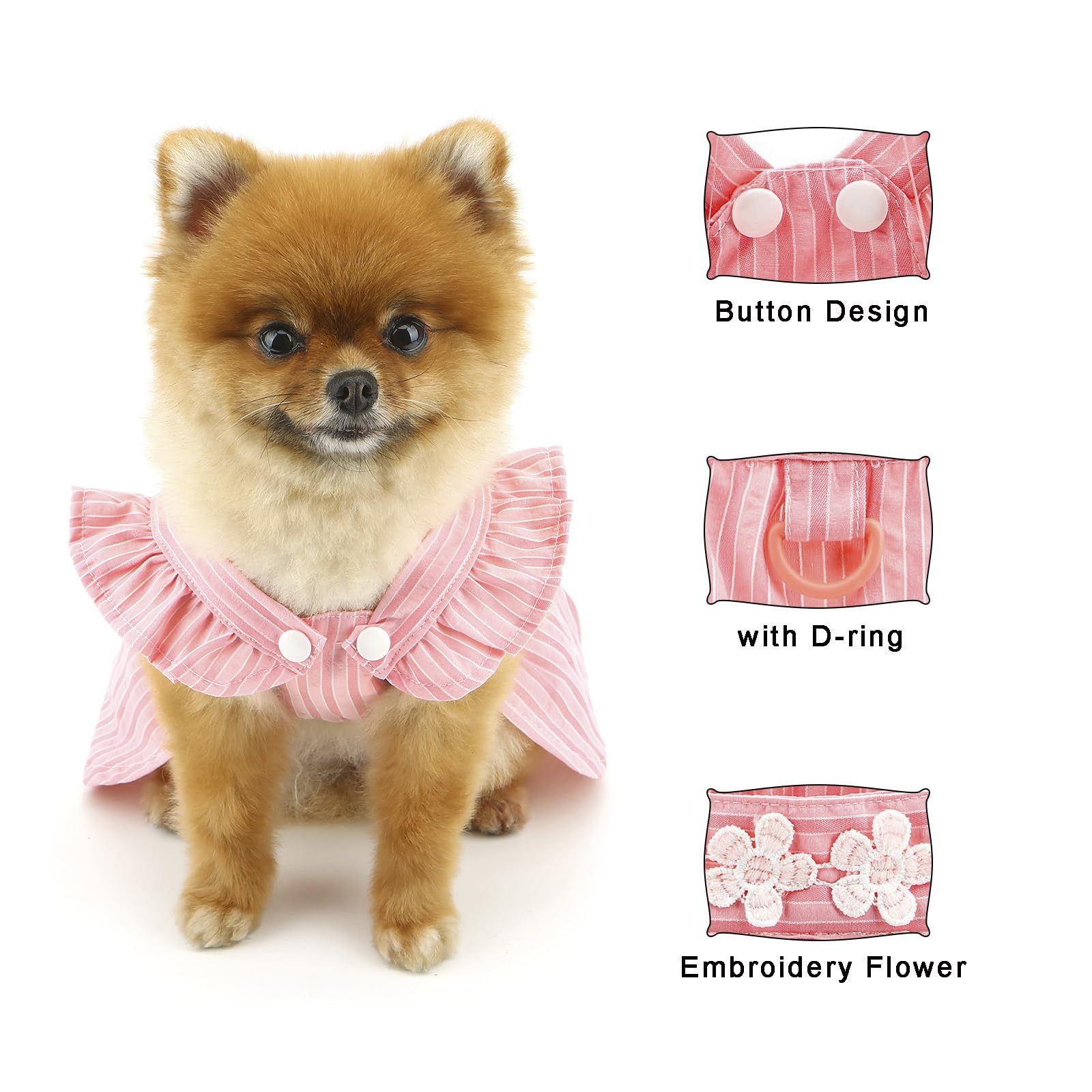 PAIDEFUL Vestito Elegante per Cane Piccolo - Design Estivo a Righe con Ricamo di Fiori, Cinturino, Bottoni - Abbigliamento Fresco da Principessa per Animali Domestici, Costume da Chihuahua