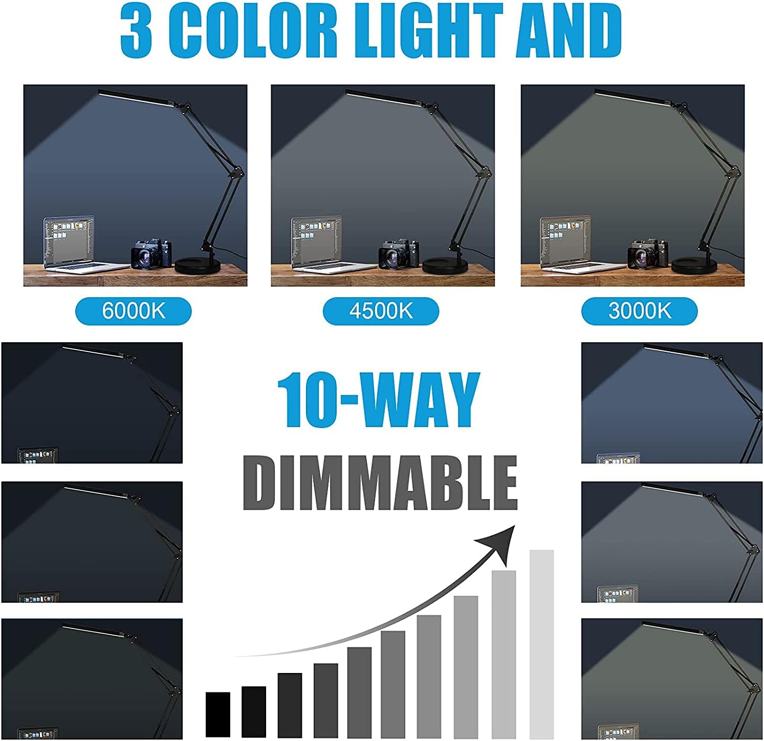 LED Desk Lamp with Clamp and Round Base,Eye Caring Table Lamp with Swing Arm,3 Color Modes 10 Brightness Levels,Memory Function Bedside Lamp,Desk Light for Home Office with USB Adapter Black : Everything Else