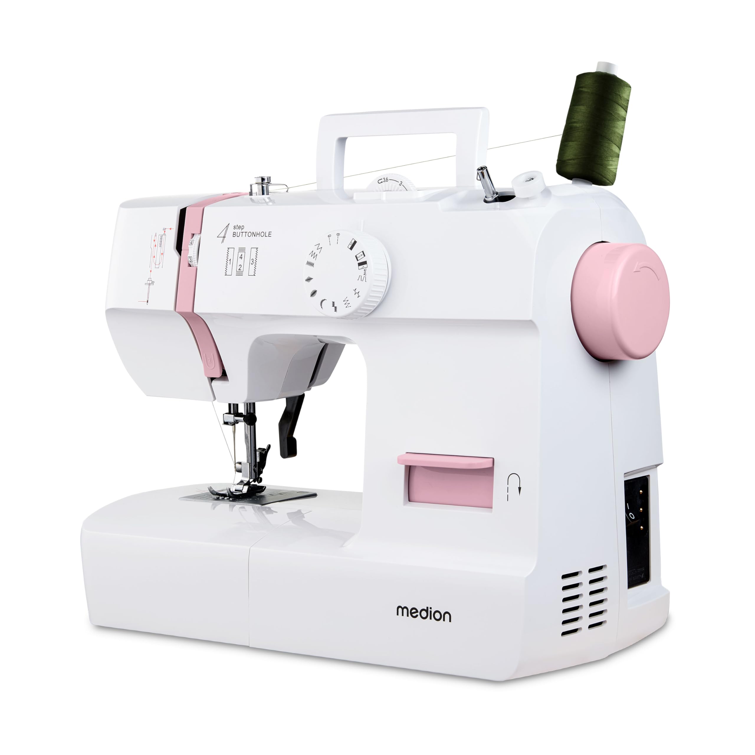 MEDION Macchina per cucire SM70 (70 watt, 12 diversi modelli di punto, luce di cucitura a LED, lunghezza del punto regolabile, pulsante di inversione, tagliafilo, MD11179) rosa