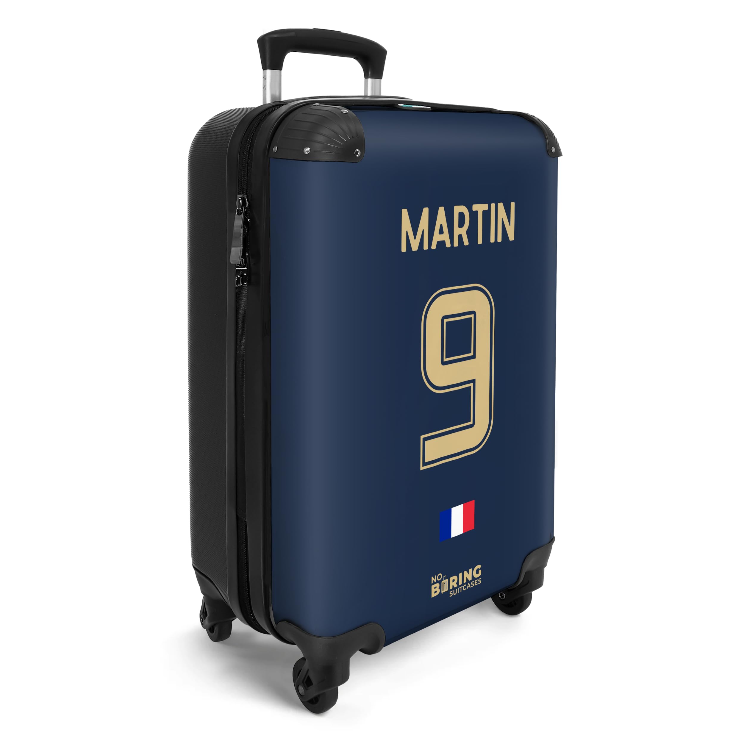 NoBoringSuitcases.com Valise Cabine Personnalisable, Bagage Pas Cher, Petit Modèle de Voyage 55x35x25cm (Football - Uniforme Domicile France 2022 - Bleu Foncé)