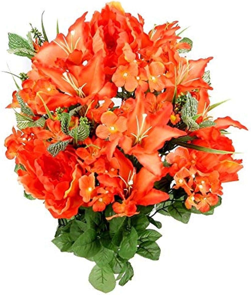 Admired by Nature 24 Stem Artificial Flowers Rose Carnation Mixed Bush Spring Faux Flower Arrangement for Outdoor & Indoor Wedding Home Decoration, Cemetery Decorations for Grave, Coral