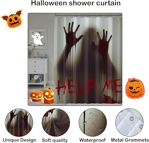 Miniatura 3 de Cortinas de ducha de Halloween para baño, Ayúdame con manos sangrientas para decoración de baño con temática de Halloween, cortina de baño de tela