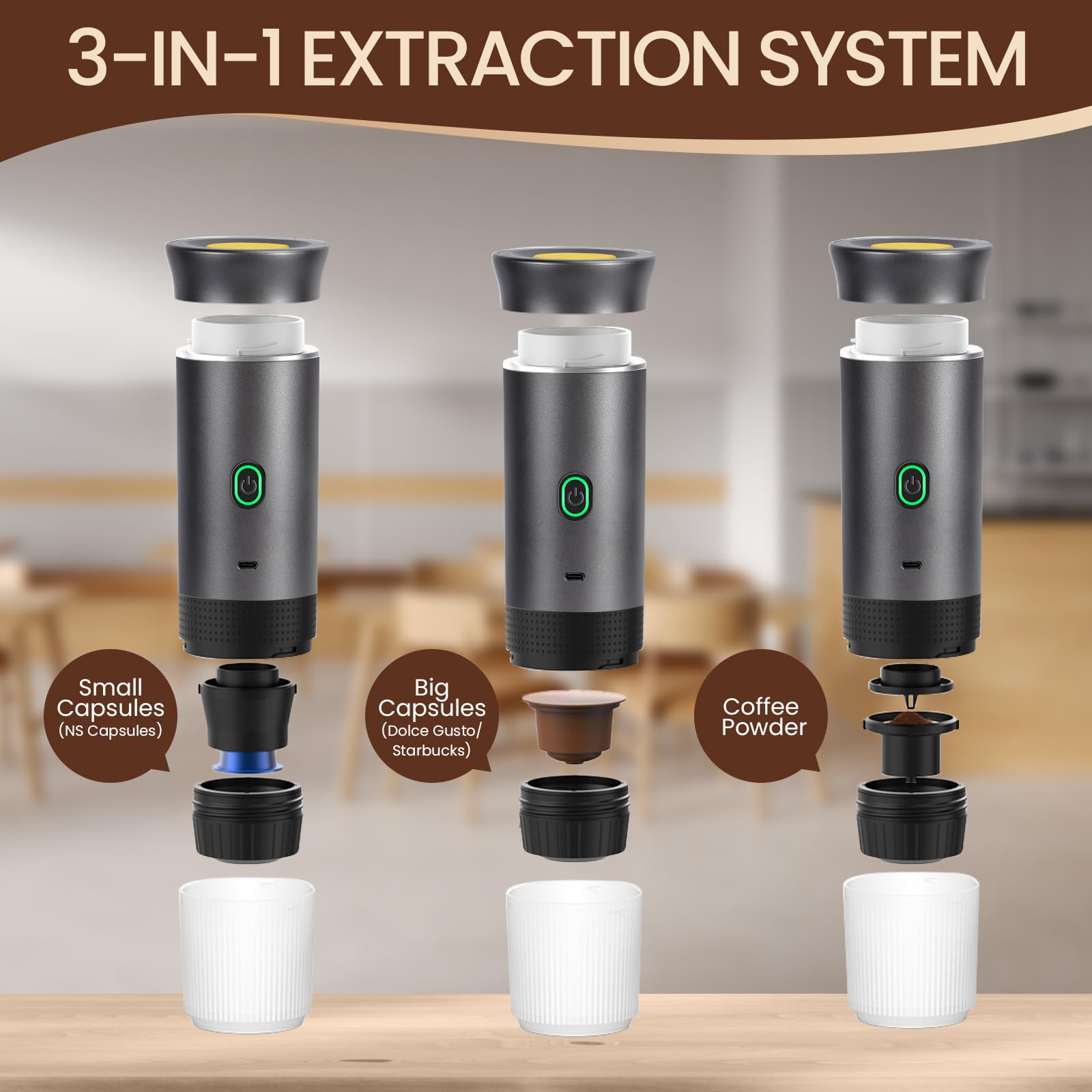 LAMA Cafetera Portátil Eléctrica de Cápsulas Compatible con Cápsulas de Café y Café en Polvo, Calentamiento Instantáneo, Mini Cafetera para Camping, Coche, Viaje, Gris