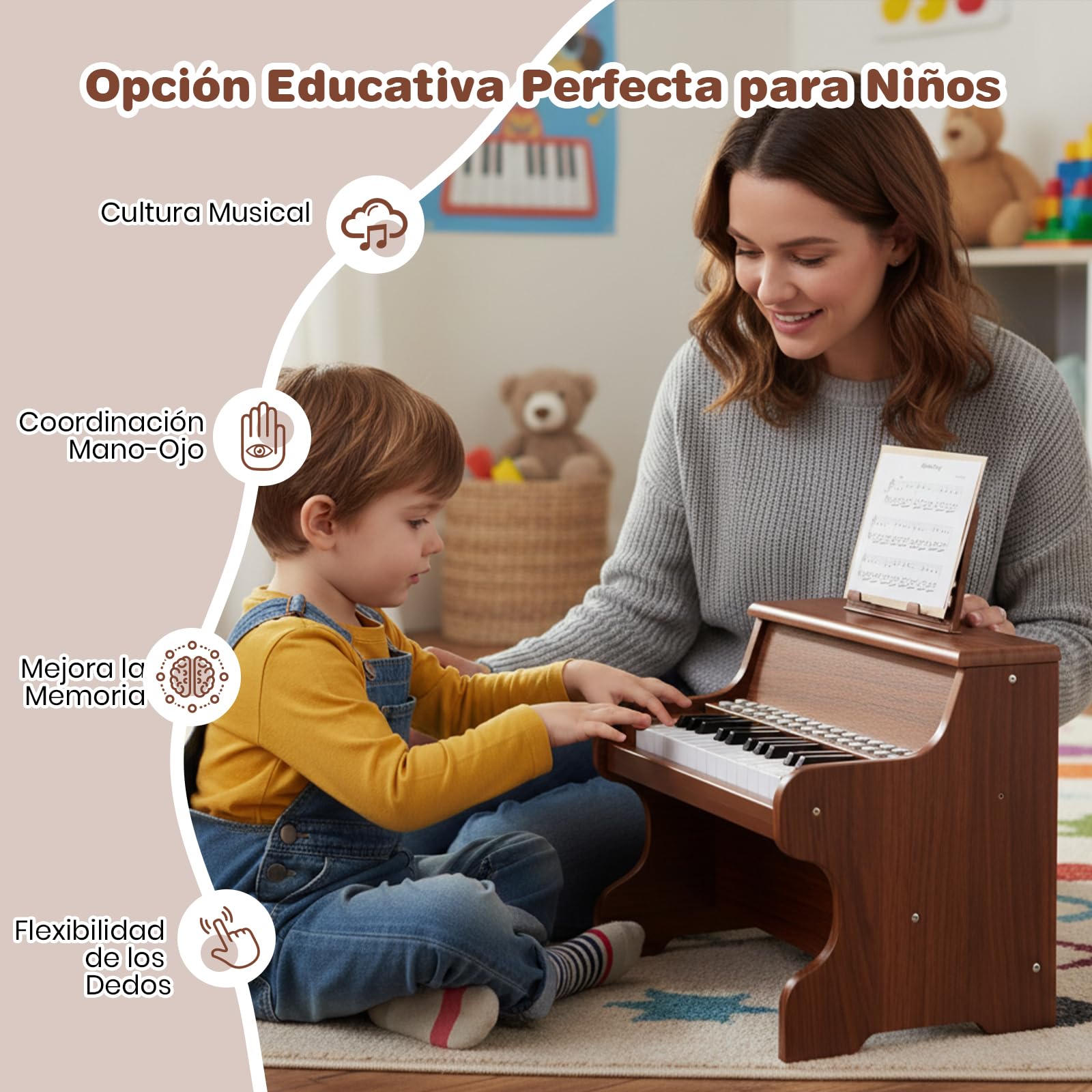 GOPLUS Teclado de Piano con 25 Teclas Iluminadas, Instrumento Musical para Niños con Atril Extraíble, Piano Eléctrico de Madera con Velocidad y Volumen Ajustables, 3+ Años (Marrón)