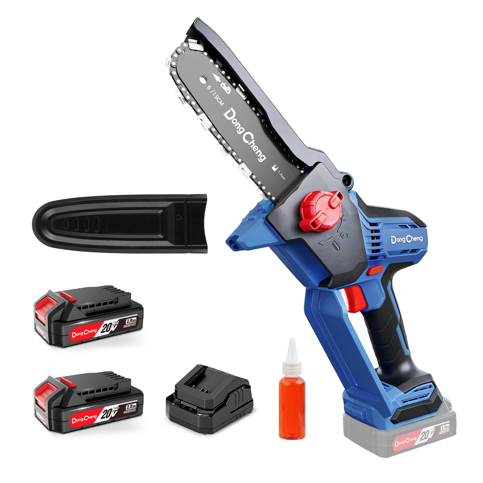 DongCheng Mini motosega a batteria per giardinieri e camperisti, motore brushless 750 W, 2 batterie 2000 mAh, 1,2 kg, mono mano, lama 15 cm, 8 m/s, tensionamento senza attrezzi e oliatore automatico