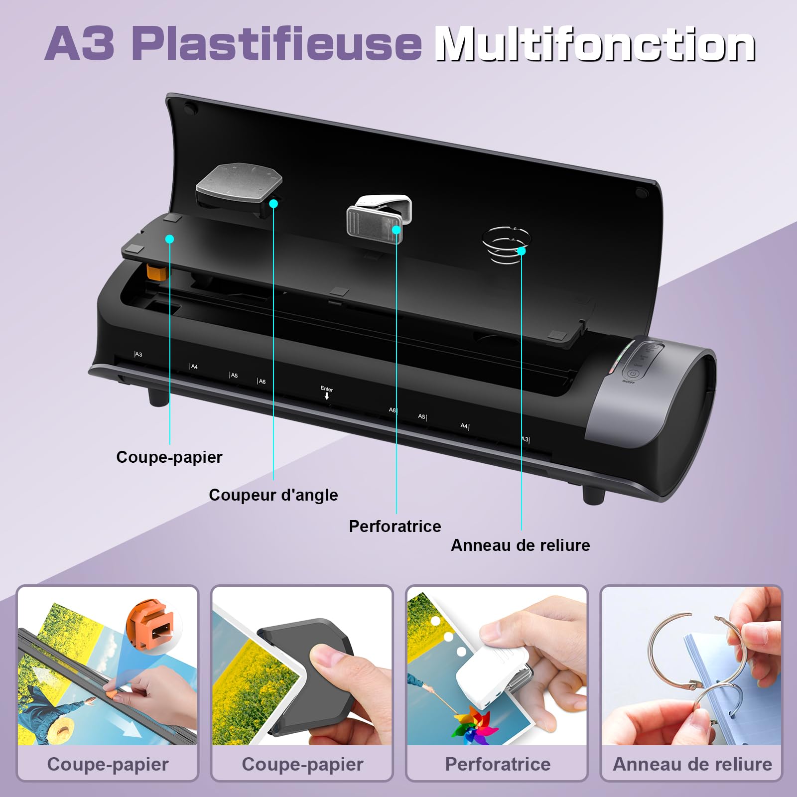 Orthland Plastifieuse A3, Machine à Plastifier 9 en 1 Thermique et Froid avec Pochettes A3 A4 A5 A6, Papier Massicot et Arrondisseur