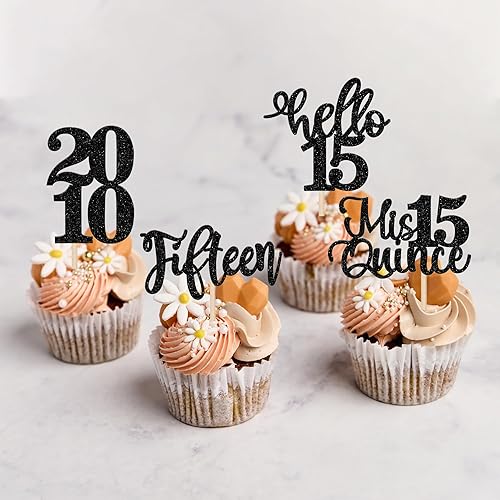 Miniatura 6 de 24 piezas de adornos negros para cupcakes de cumpleaños 15 con purpurina Hello 15, decoración para cupcakes Mis Quince Since 2010 para cumpleaños,