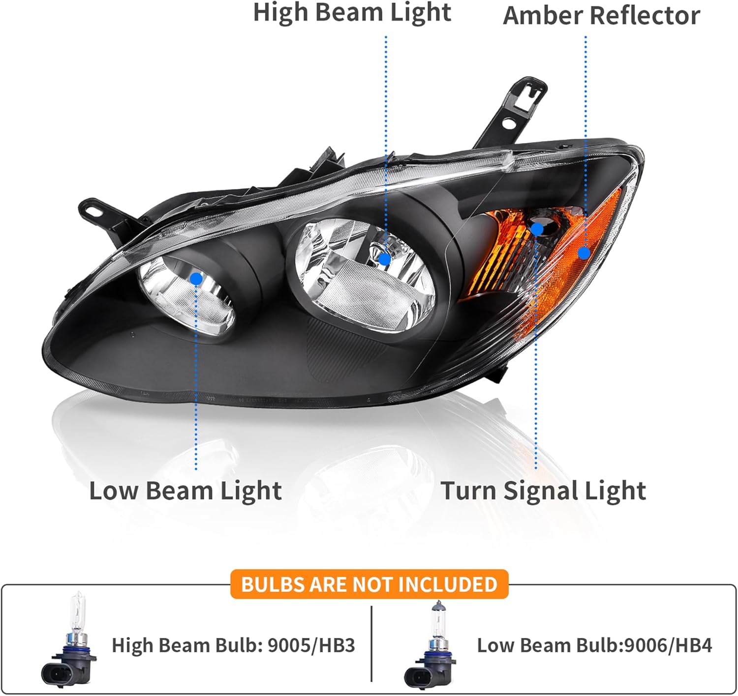 DWVO Headlight Assembly Compatible with 2003 2004 2005 2006 2007 2008 Corolla 03-08 Corolla Headlamps Replacement Black Housing Amber Reflector Clear Lens