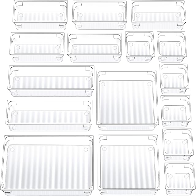 SABAN Drawer Organizers Trays, Separate Drawer Organizers Storage Divider 16 Pcs &5 Sizes, Transparent Makeup Organizer Drawer for Dressing Table Utensil Kitchen Bathroom Office Desk (White)