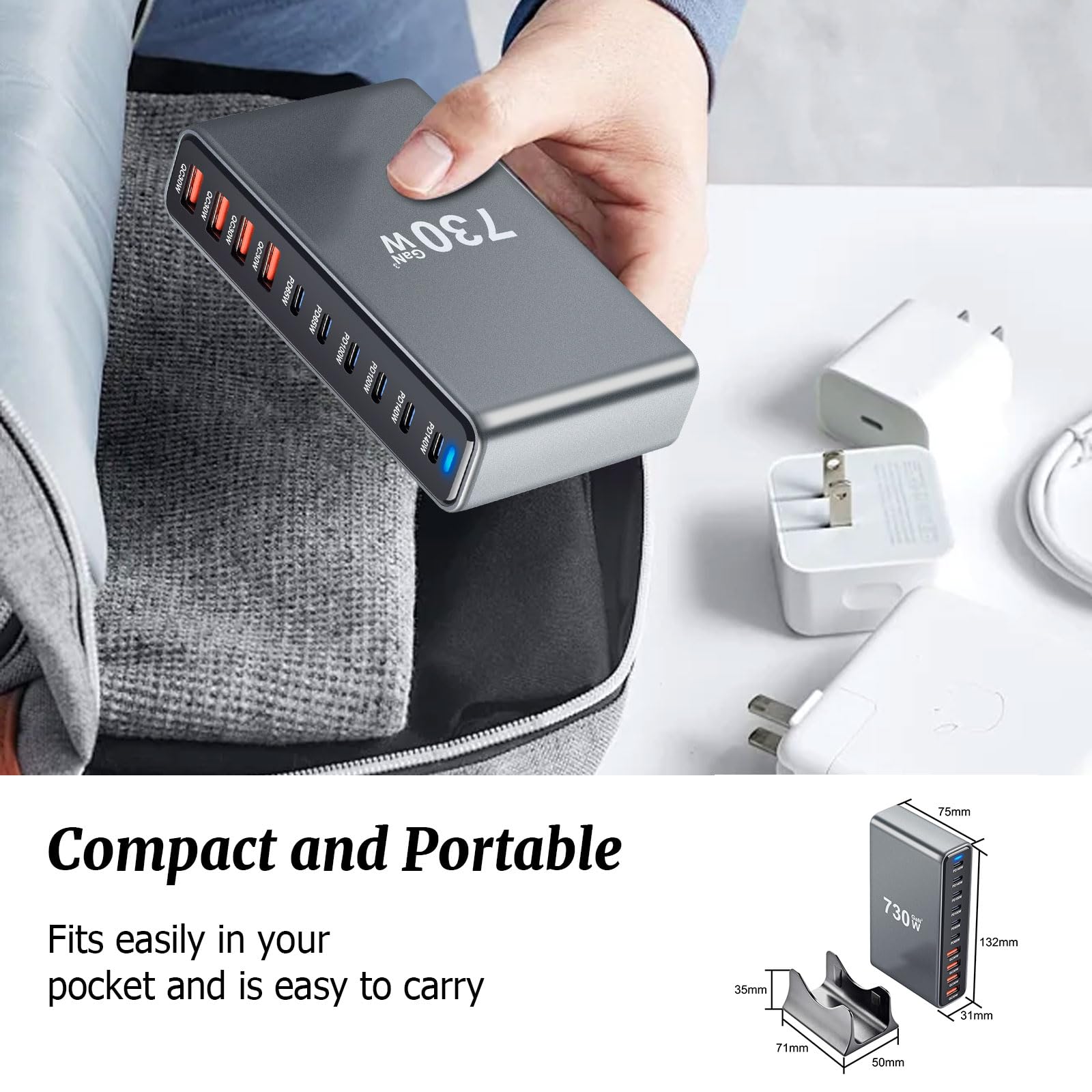PD140w GaN 3 - Caricatore USB C da 730 W, 10 porte, con 6 porte USB C + 4 porte USB A, per MacBook Air, iPad, iPhone 17/16/15/14, Galaxy S25