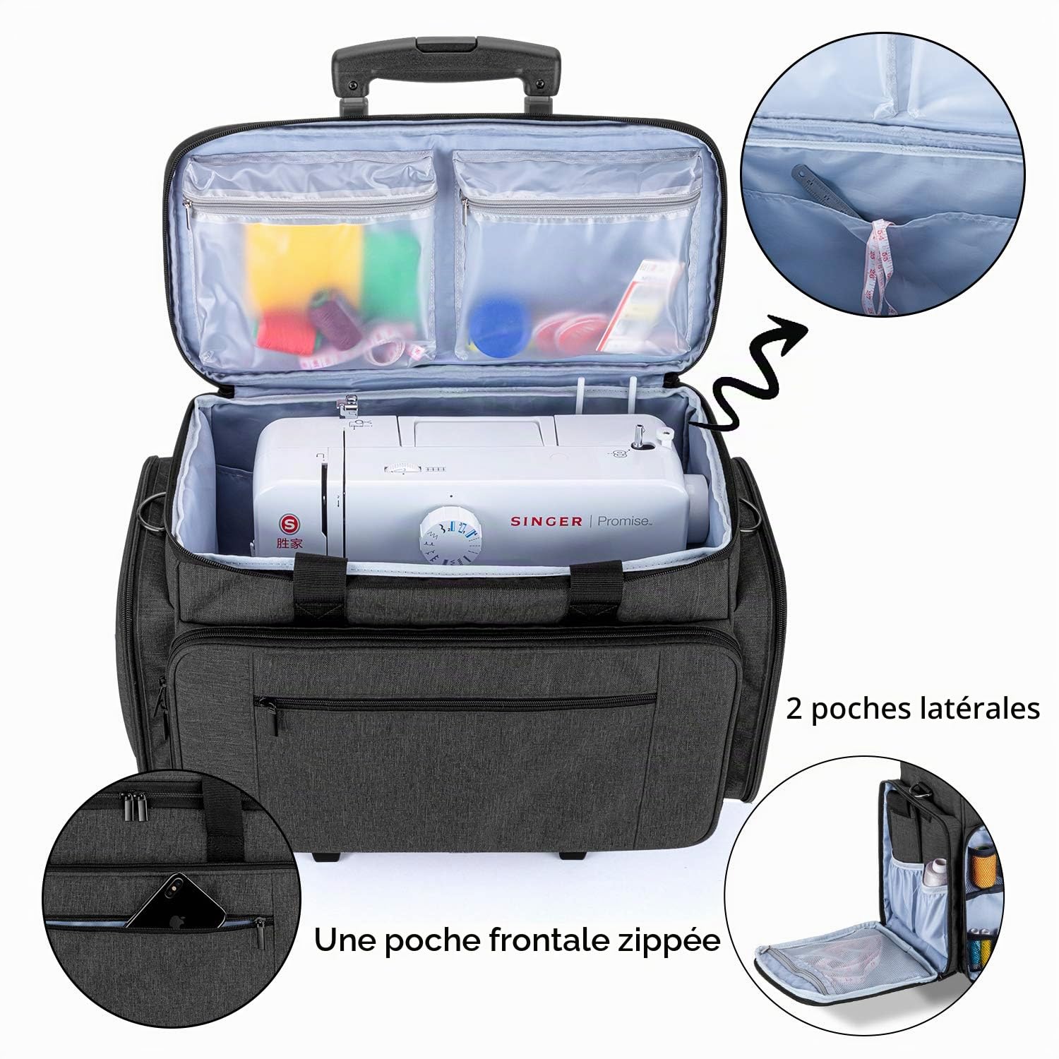 Luxja Sac de Machine à Coudre avec Chariot Détachable, Noir | Sac Machine à Coudre avec Coussin Amovible, Sacoche Machine à Coudre pour Accessoires de Coudre