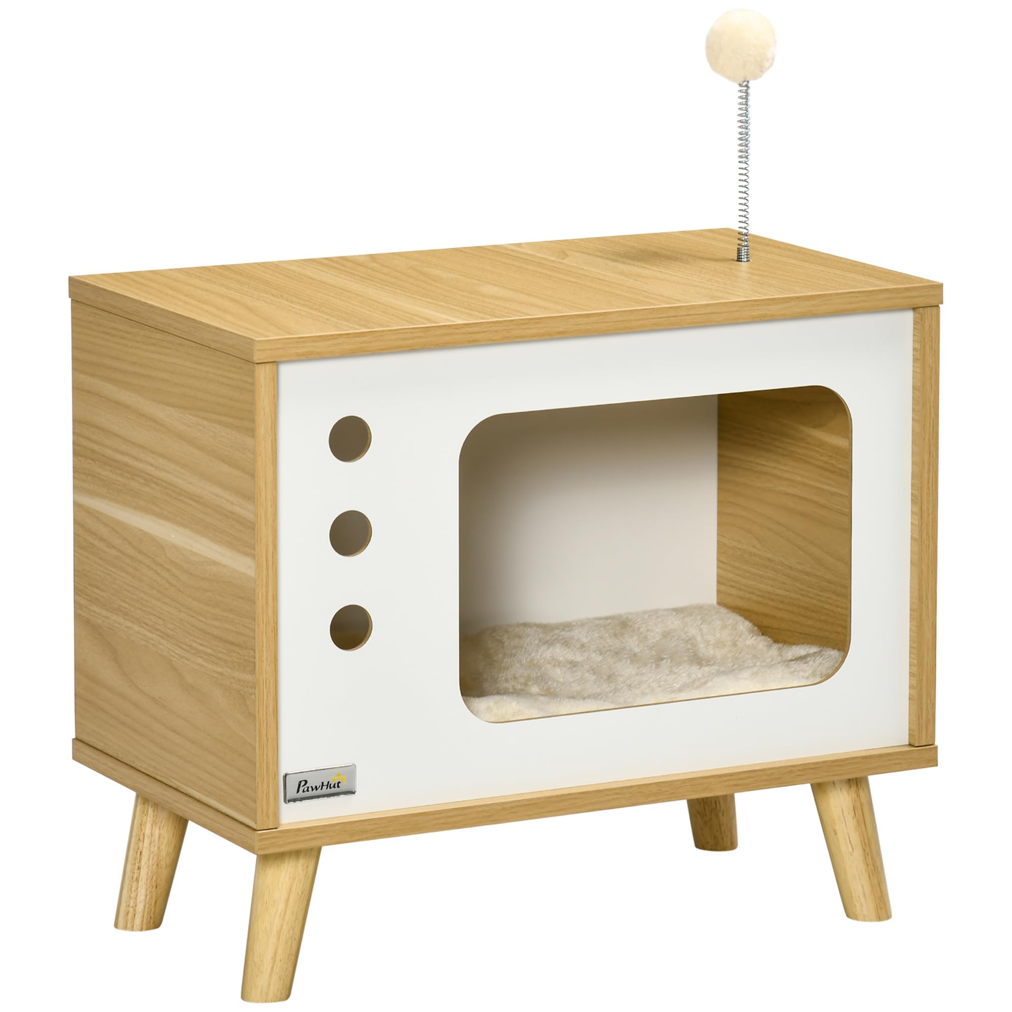 PawHut Katzenhaus TV-förmig mit Spielball 50 x 28 x 43 cm Eiche+Beige+Weiß