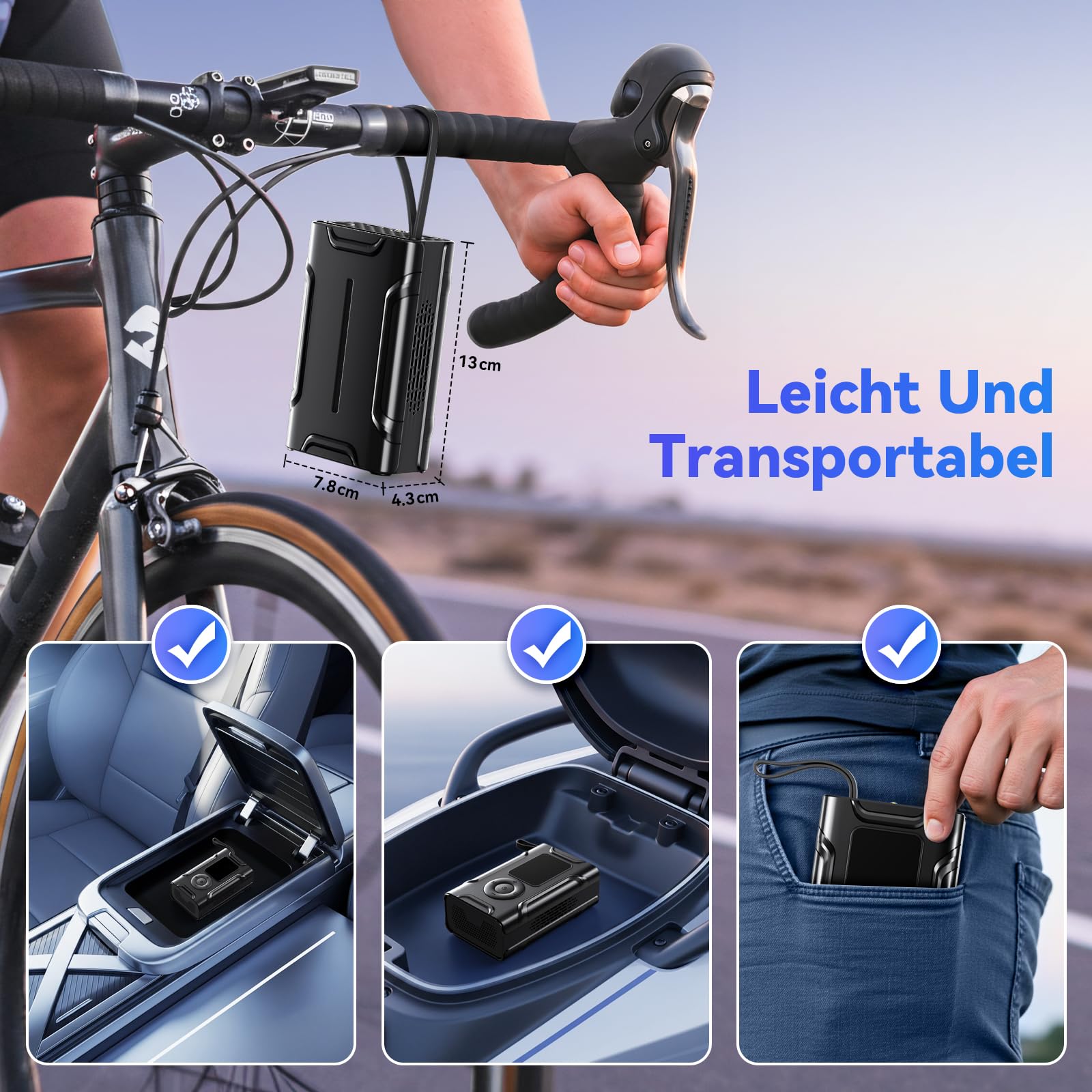 Kabelloser Elektrische Luftpumpe Tragbare Fahrradpumpe - Akku Kompressor Wiederaufladbare Reifenpumpe mit alle ventile Für Auto, Motorrad, Fahrrad - 4