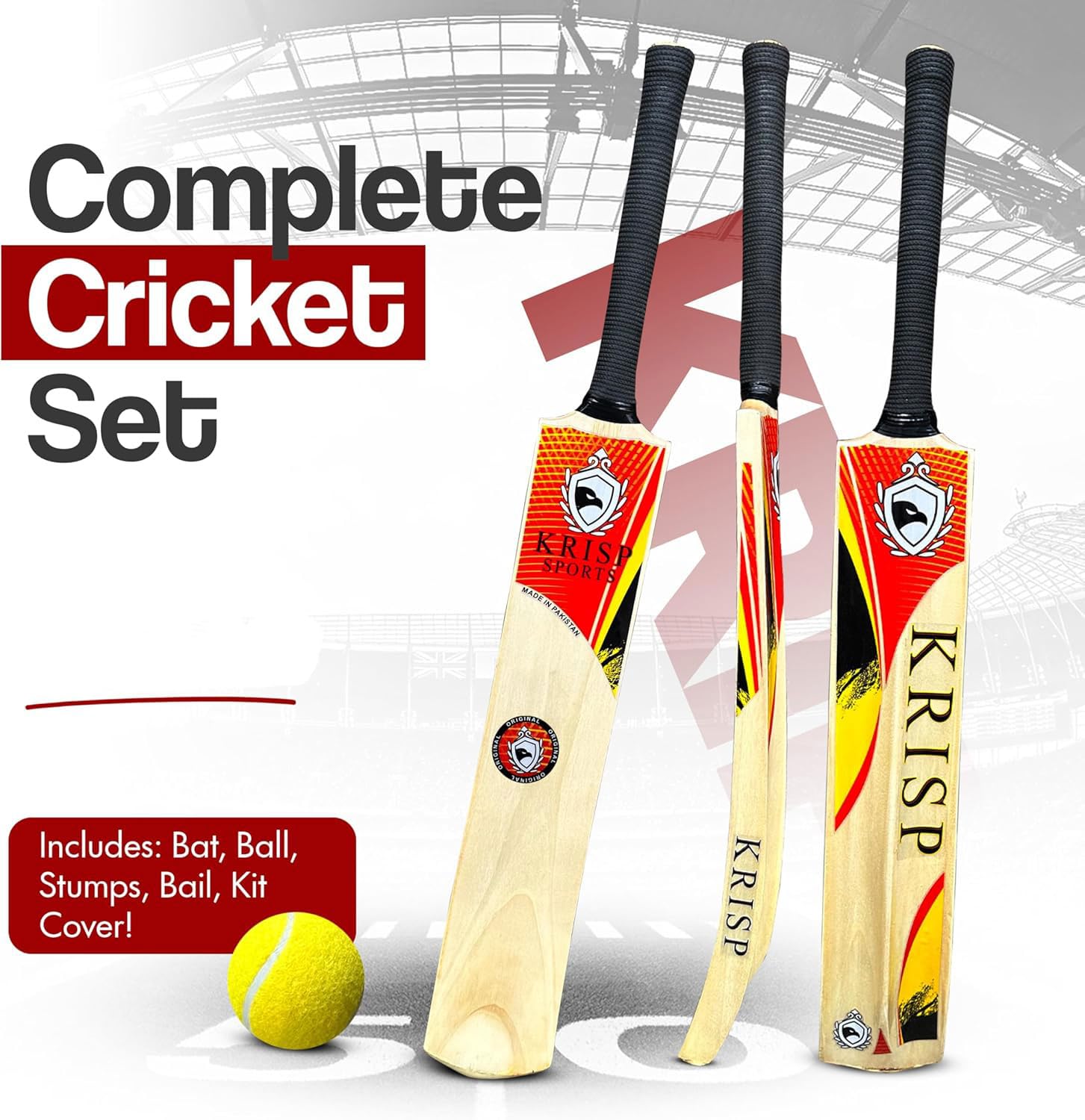 Cricket Bat Gift Set Wooden Cricket Bat Kit for Junior, Backyard Park Beach Indoor Outdoor Play Tennis Ball, Stumps, Bails, Carrying Bag Practice Cricket Match by Krisp Sports