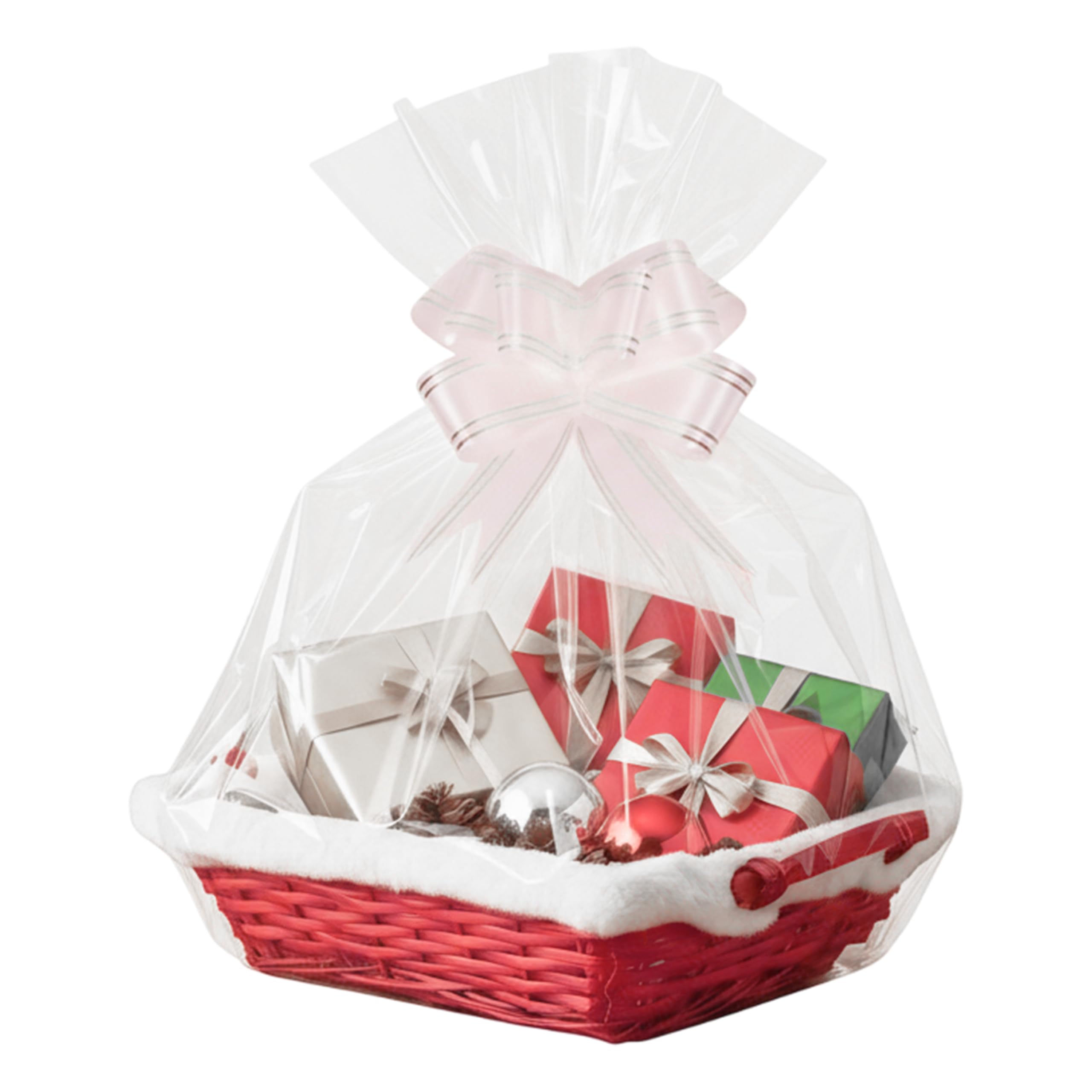 H-Line Christmas Hamper Basket Santa Bamboo Baskets Wicker Baskets with White Faux Fur Trim Cellophane Wood Shred Bow Set Decorative Festive Hamper Christmas Basket for Snacks Sweets (Medium)