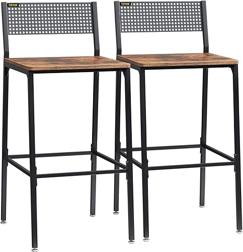 VEVOR Taburetes de bar rústicos asiento cuadrado de 29 pulgadas de alto juego de 2 sillas de bar cuadradas con respaldo reposapiés de marco de acero