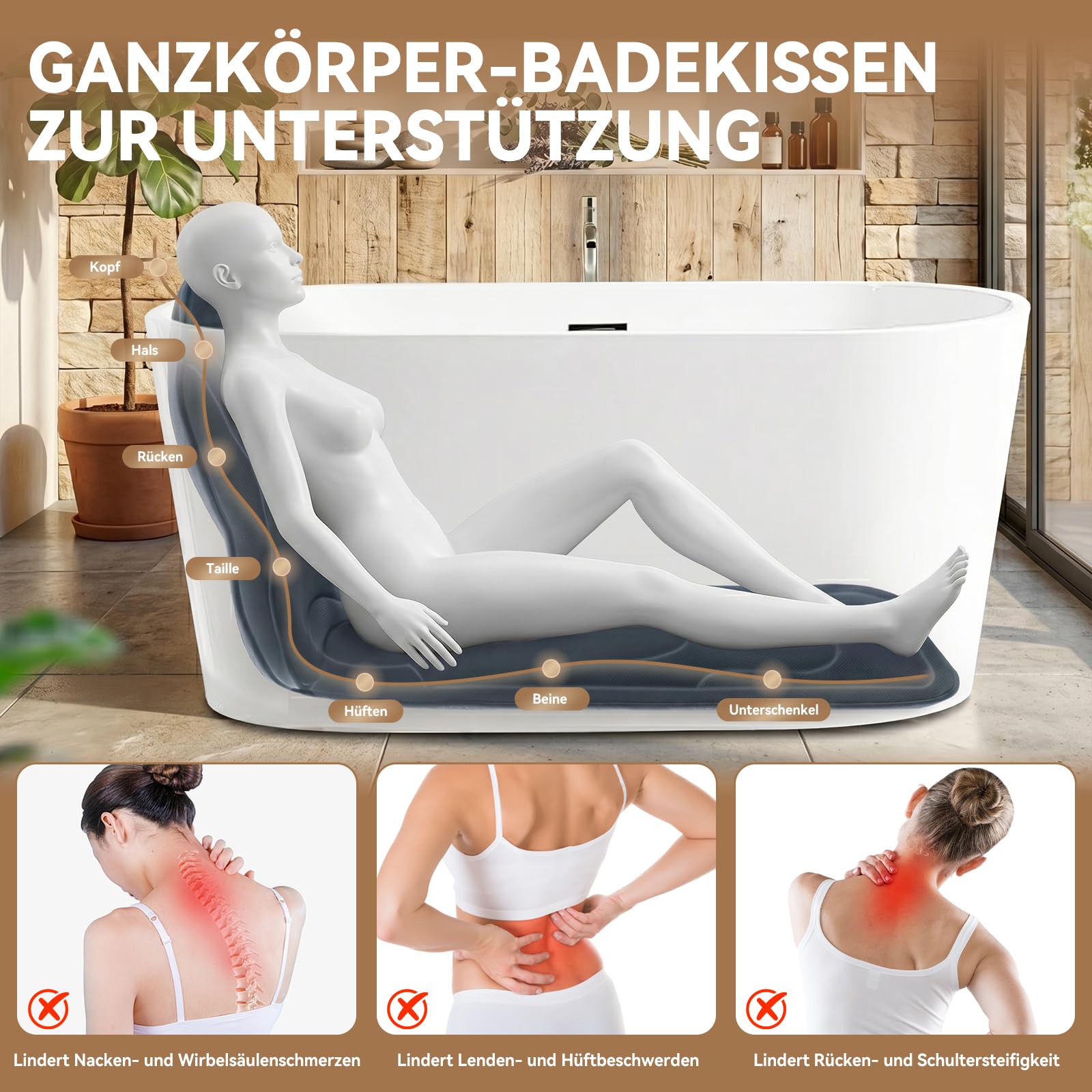Poemland Luxus Dicke, volle Körper Badewannenkissen Mat & Cushion für Badewanne Kopfstütze Hals Schulter unterstützt Comfort Entspannung Spa Accessories Perfekt für Eintauchen in der Badewanne (Grau)