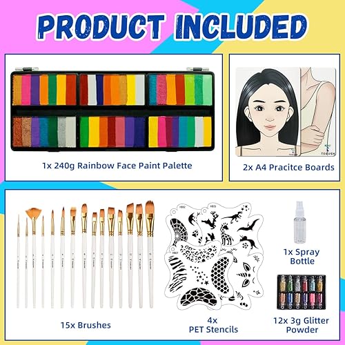 Miniatura 2 de Kit de pintura facial de 8.47 oz de tortas divididas arco iris, paleta de pintura facial profesional para niños y adultos con purpurina, plantillas,