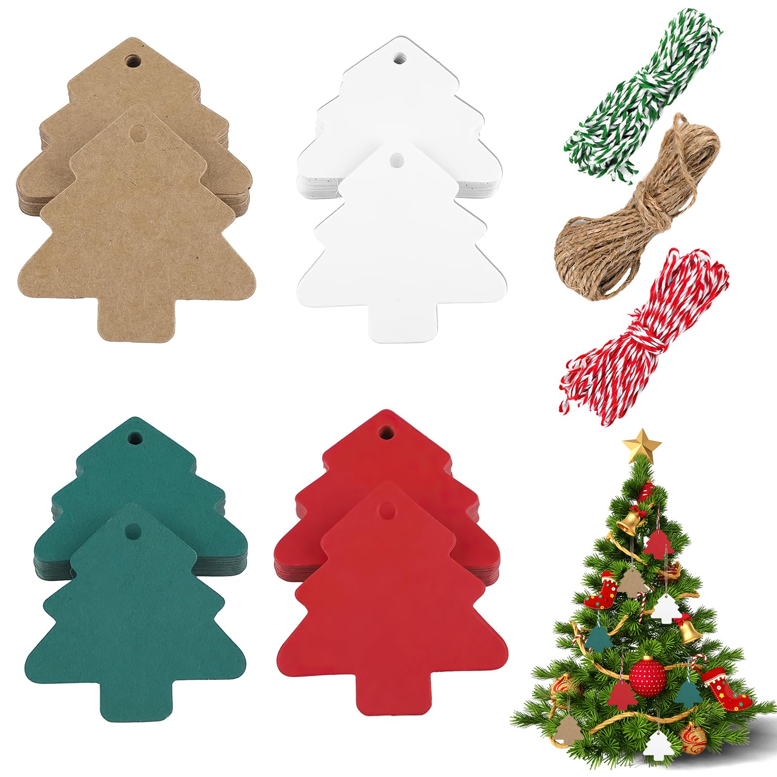 160 Pcs Christmas Labels, Xmas Kraft Gift Tag, Christmas Tags for Presents, Xmas Gifts Labels with String, Gifts Tag for Presents Christmases, for DIY Crafts, Christmases Ornaments (Tree)
