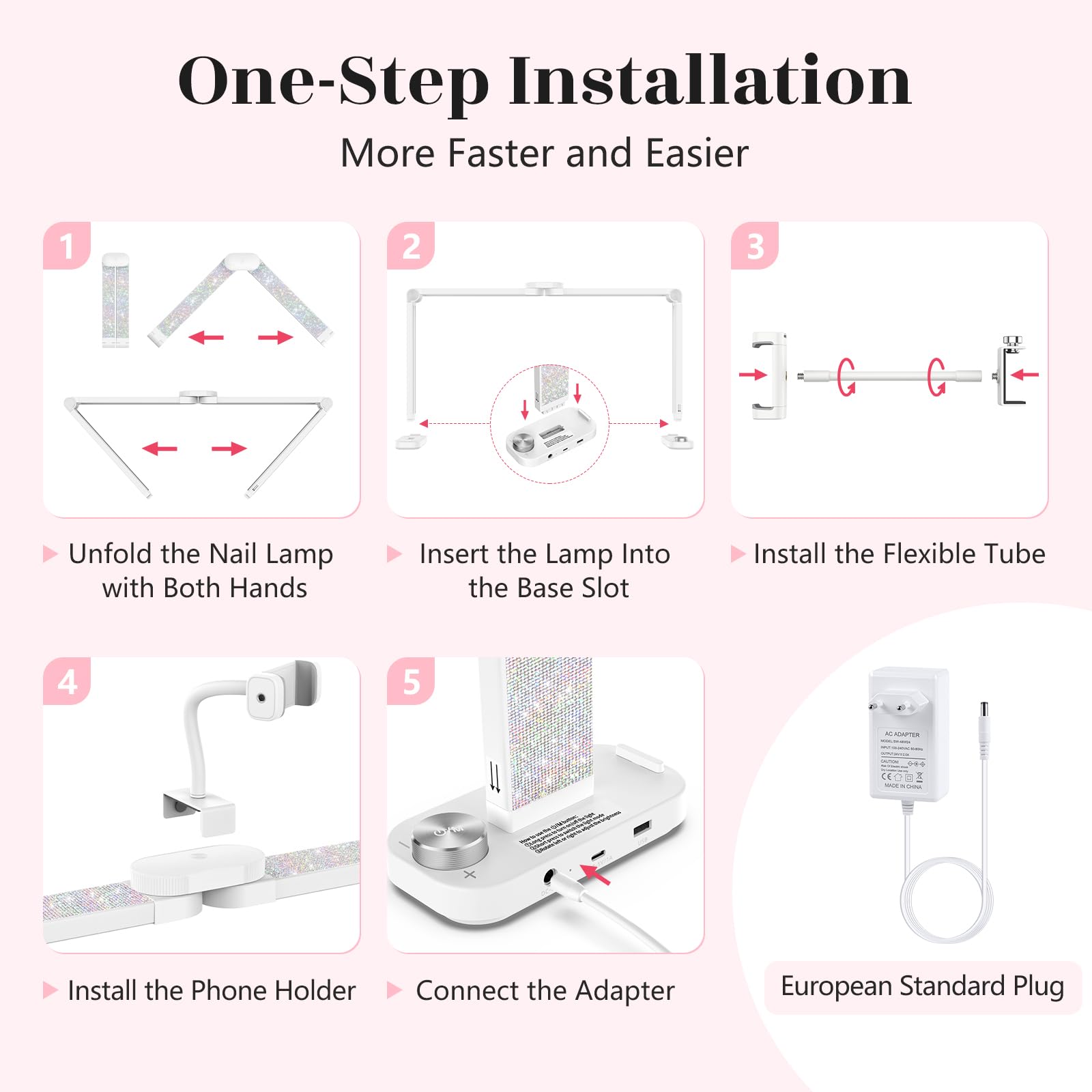 Desktop Halbmondlampe für Nägel mit Handyhalter: 34" LED Halbmond Wimpern Lampe für Nageltechniker - 3 Farbmodi Und 10 Helligkeitsstufen Bogen Tischlampe für Maniküre(Weiß mit Diamant) | Halbmondlampe mit Telefonhalterung – 3 einstellbare Farbmodi für Wim