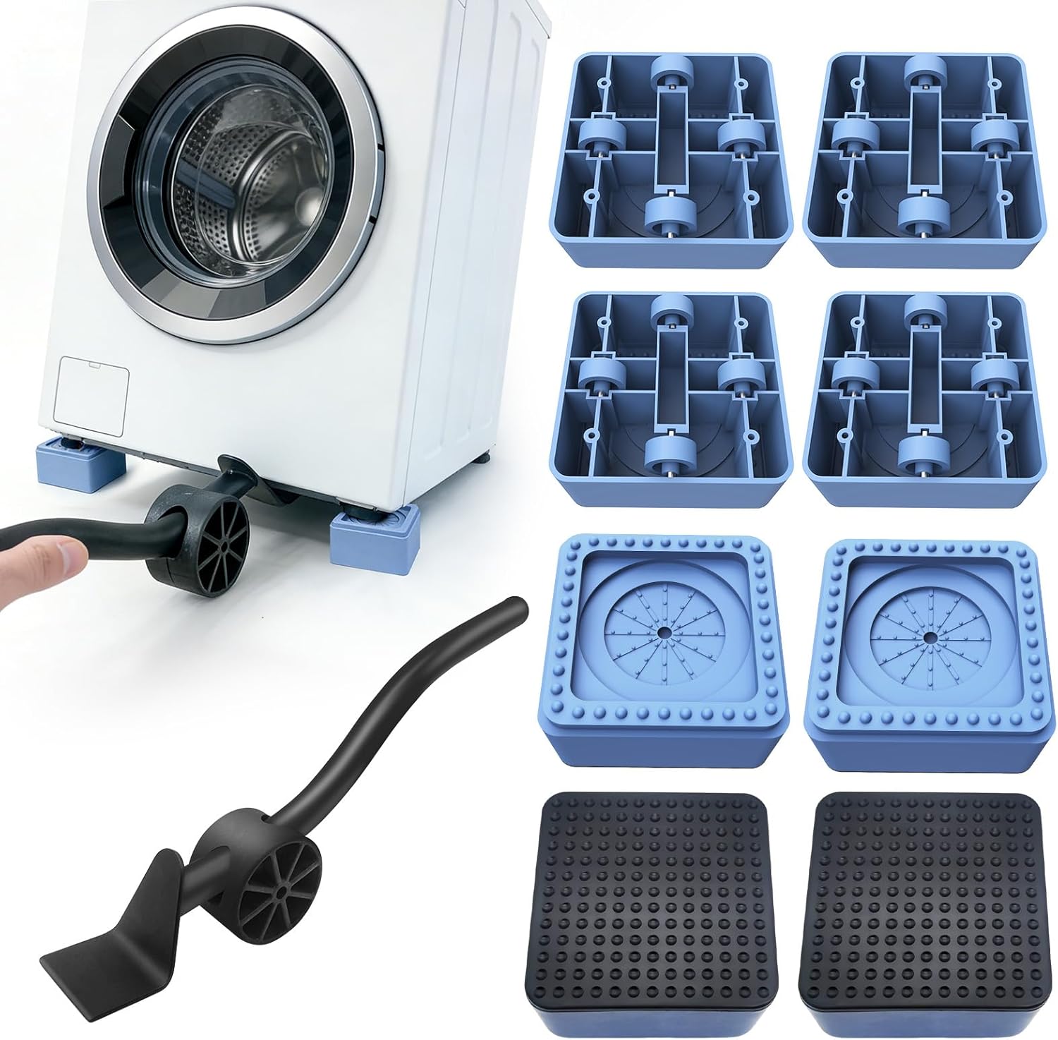 Anti Vibration Pads for Washing Machine & Dryer (4 Pack) with Furniture Lifter Tool & 4PCS Rolling Appliance Base, Noise Reduction Anti Walk Washer Pads