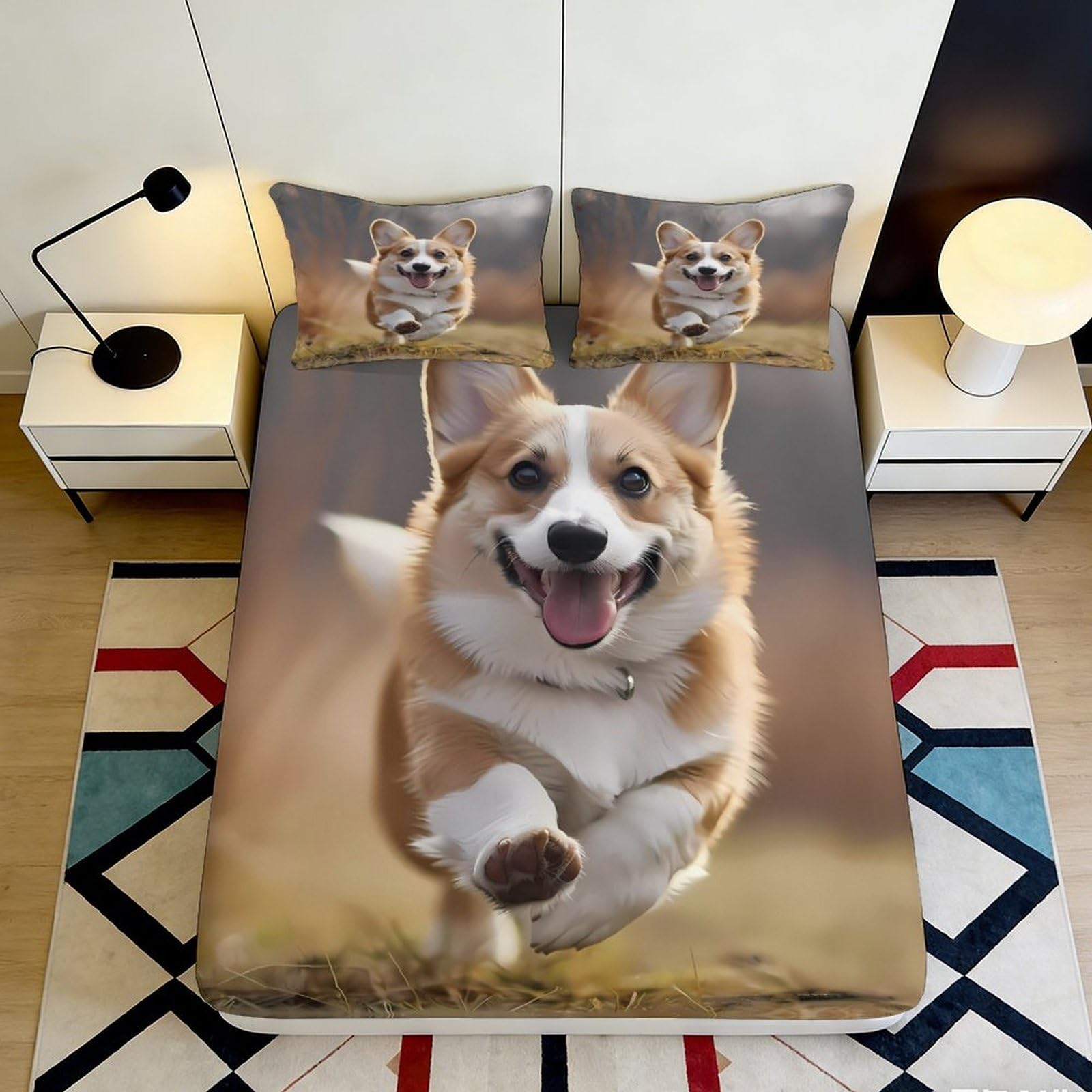 3D Printed Running Corgi Fitted Sheet Microfiber Soft Breathable Happy Dog Mattress Cover for Bedroom Dorm Decor 90x200x25cm