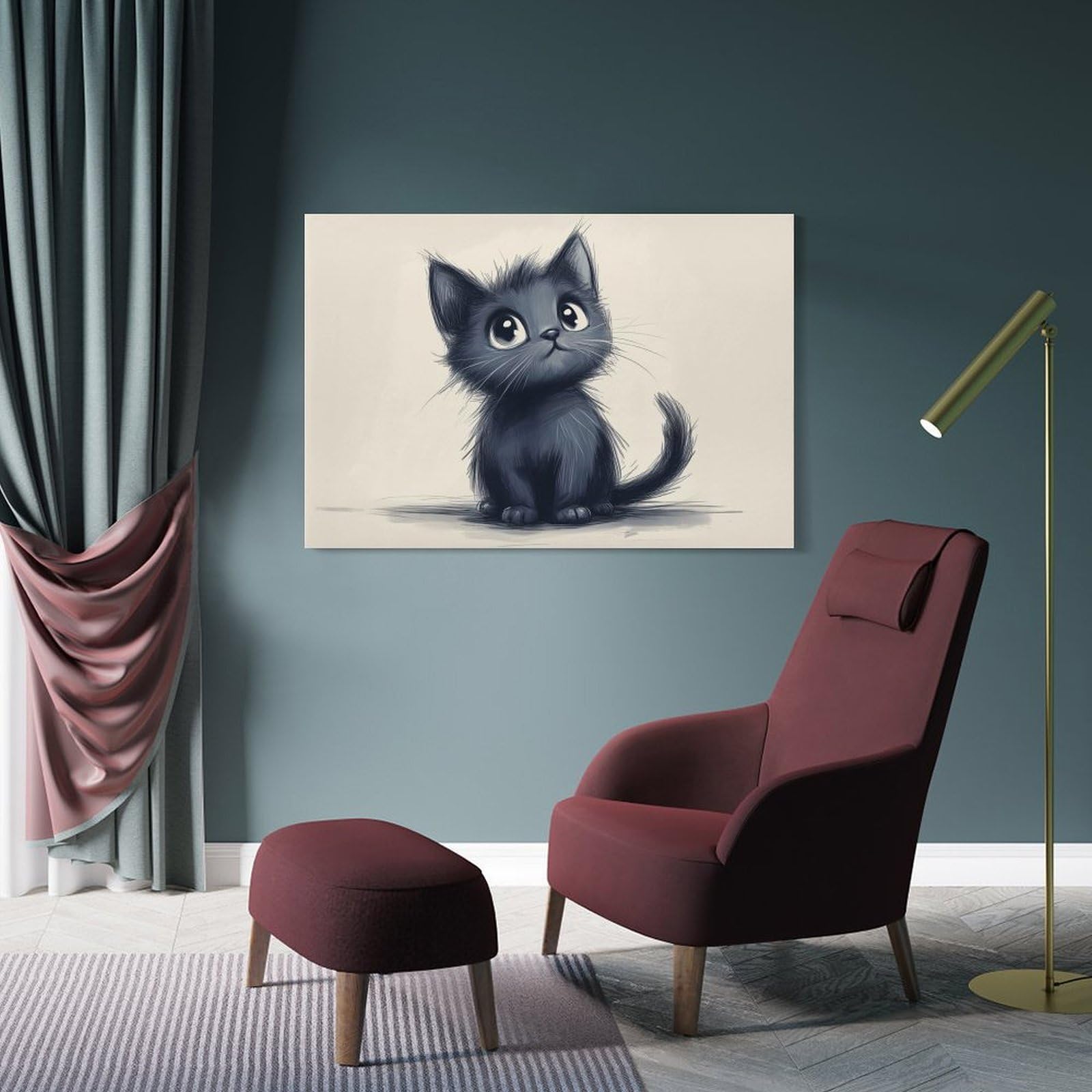Junmoney Frame-Style-4 Canvas Art Print Cute Black Kitten Illustration, 20X30inch(50X75cm), For Home Office, Desk Area Or Studio, Wall Art That Adds Style To Work Areas