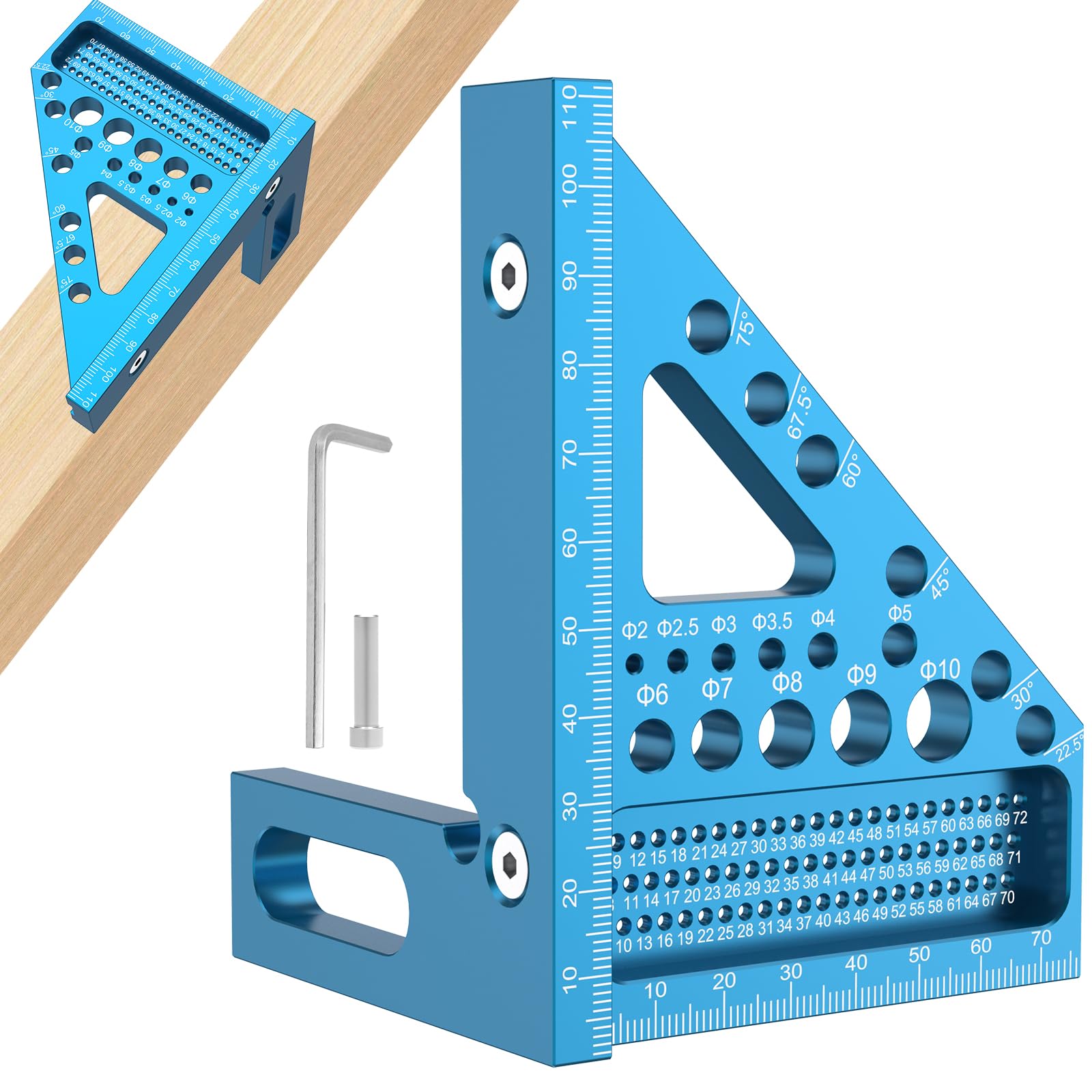 Lulobtg Blue 3D Multi Angle Measuring Ruler 22.5-90 Degree Aluminum Alloy Miter Triangle Ruler Woodworking Square Protractor High Precision Layout Measuring Tool For Engineer Carpenter