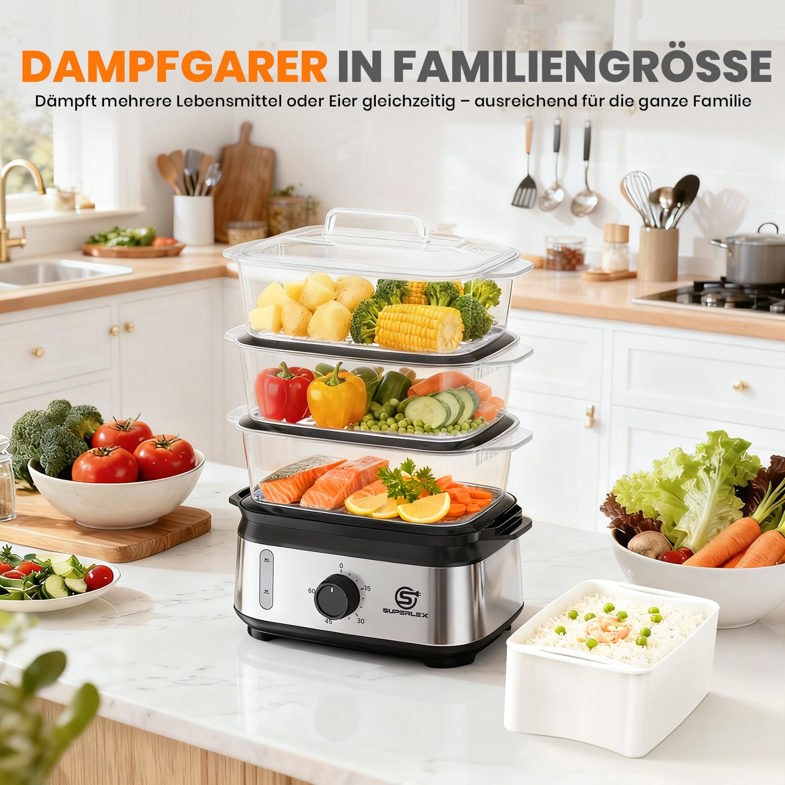Dampfgarer Elektrisch 950W 3 Schichten 9L Edelstahl 60 Min Timer Antihaft Spülmaschinengeeignet