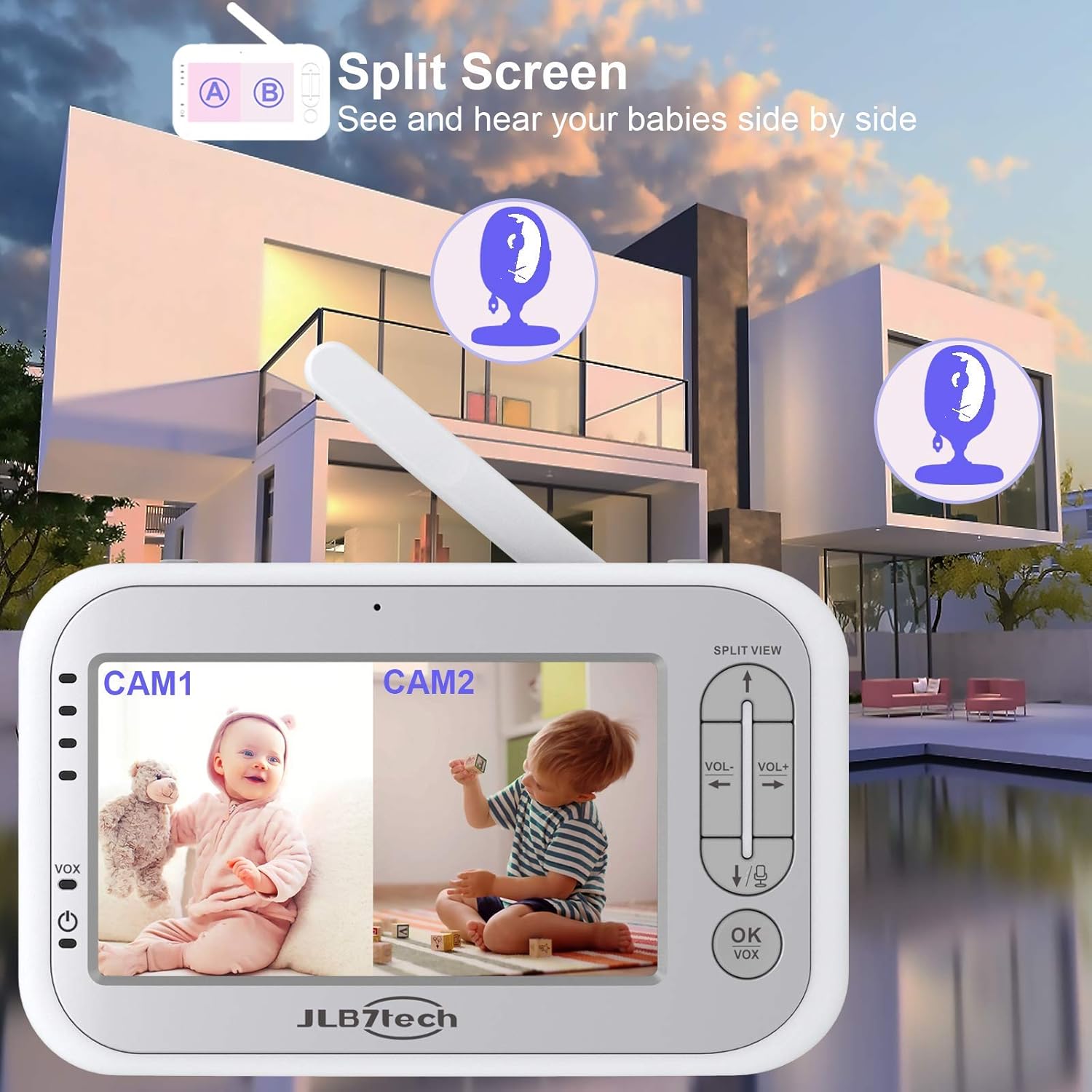 JLB7tech Baby Monitor showing split screen view with two babies