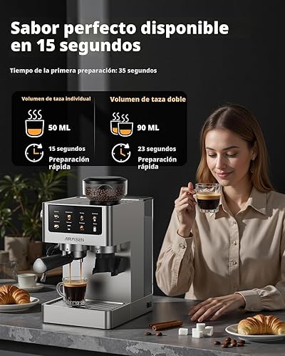 Vista 7 de Máquinas de espresso AIRMSEN con molinillo de muelas, 20 bares, varita espumadora de leche y vaporizador, cafetera de acero inoxidable para casa