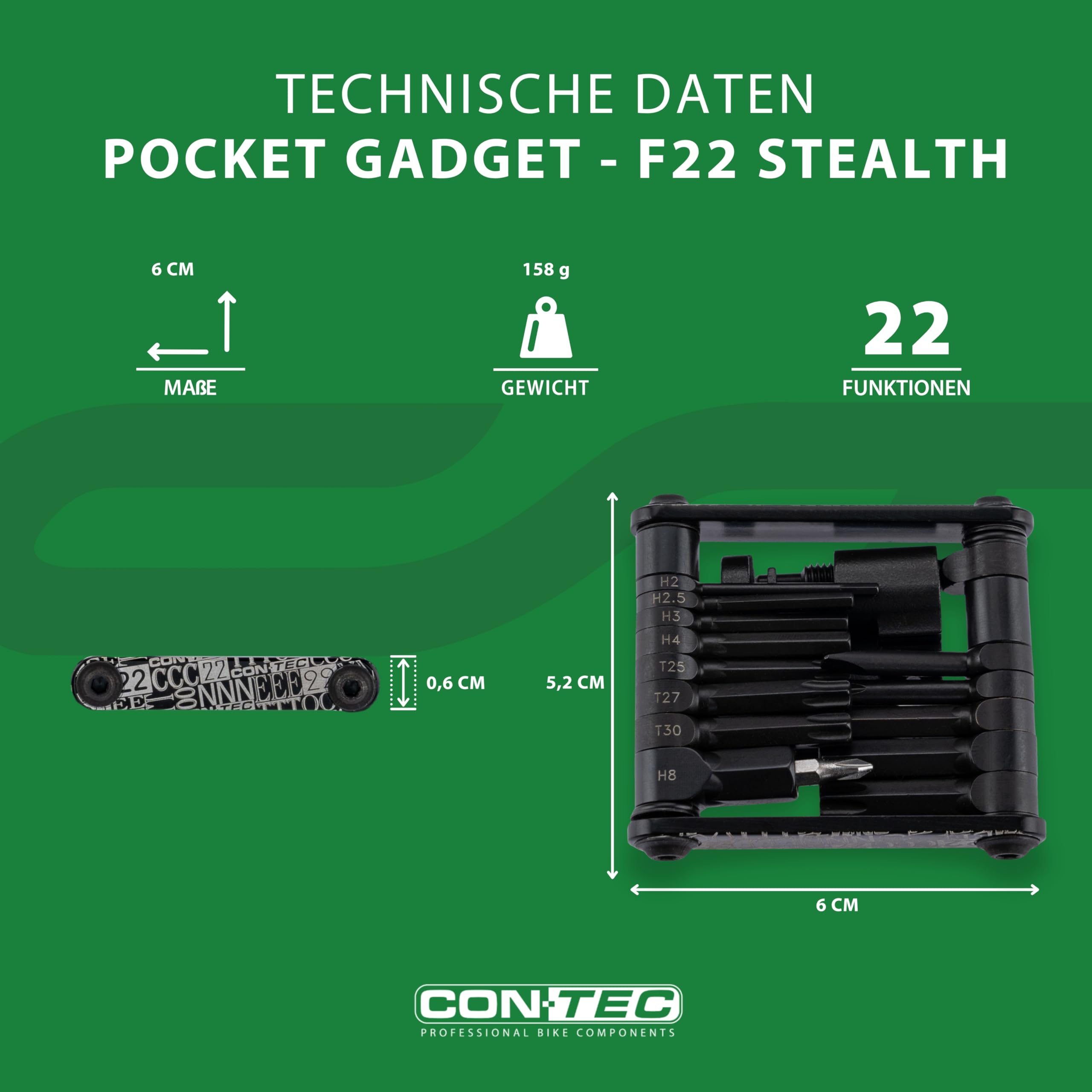 CONTEC Fahrrad-Multitool Pocket Gadget - F22 Stealth, 22 in 1, Multifunktionswerkzeug, Reparatur Set, Mini-Tool, Multi-Purpose, Innensechskant, leicht
