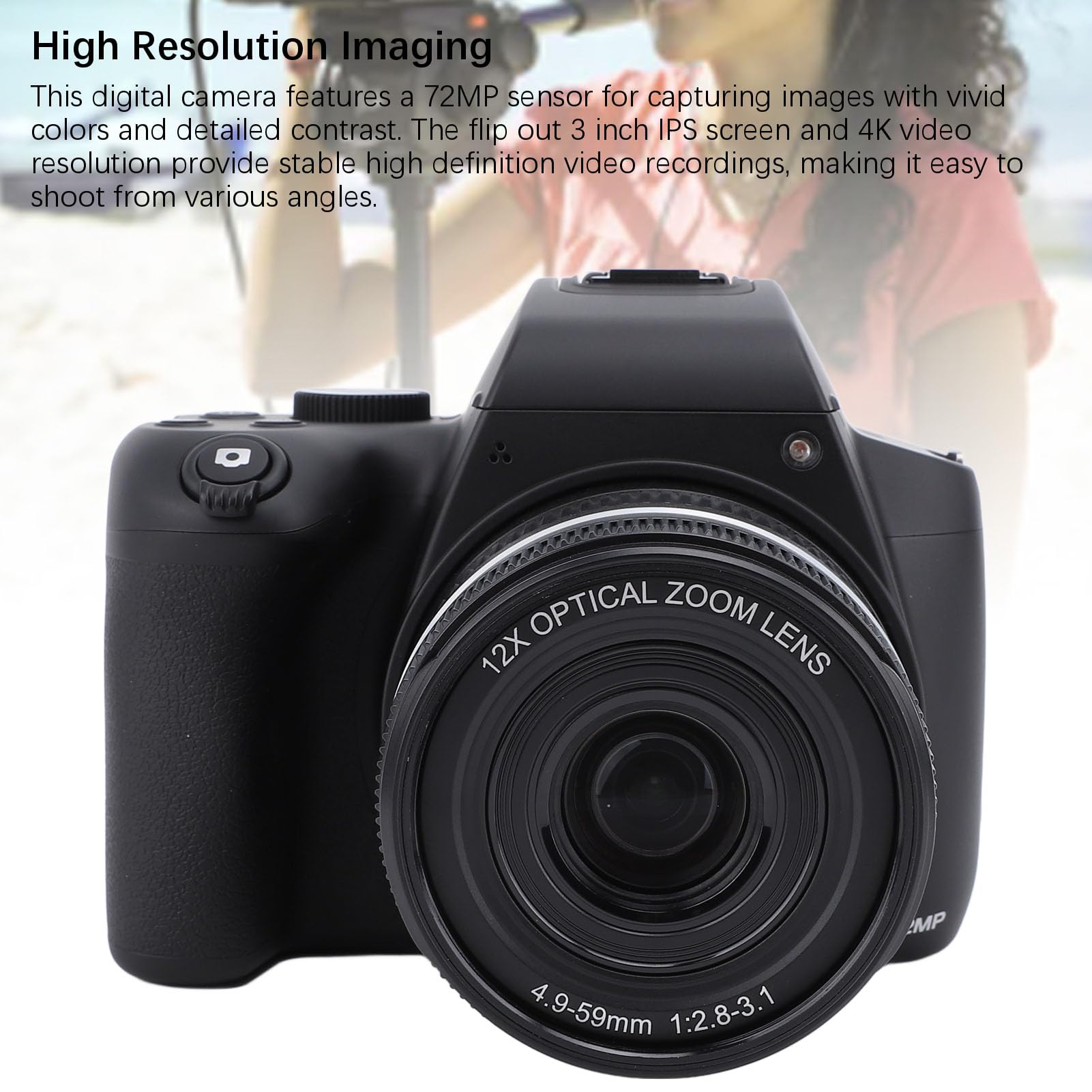 Fotocamera digitale 4K per fotografia, autofocus Vlogging fotocamera con obiettivo telescopico 3 pollici IPS schermo, 72 MP HD 12x zoom digitale micro fotocamera SLR per principianti di viaggio