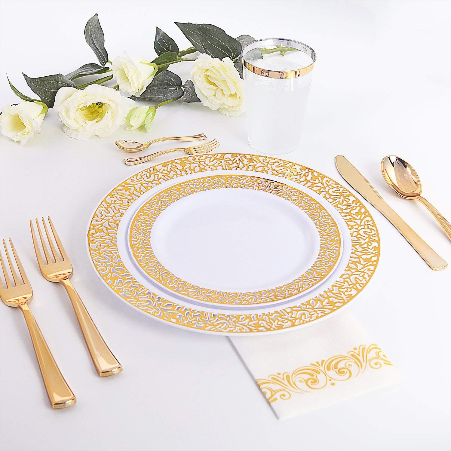 WDF 150PCS Gold Plastic Plates Set - Gold Plates 25Guests Gold Disposable Dinnerware Sets for Wedding Party Birthday