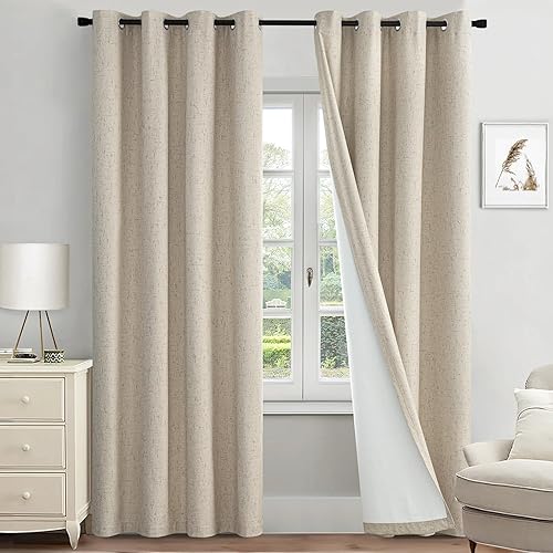 MIULEE Cortinas 100% opacas con textura de lino para dormitorio, 84 pulgadas de largo, color beige, con aislamiento térmico, cortinas opacas con