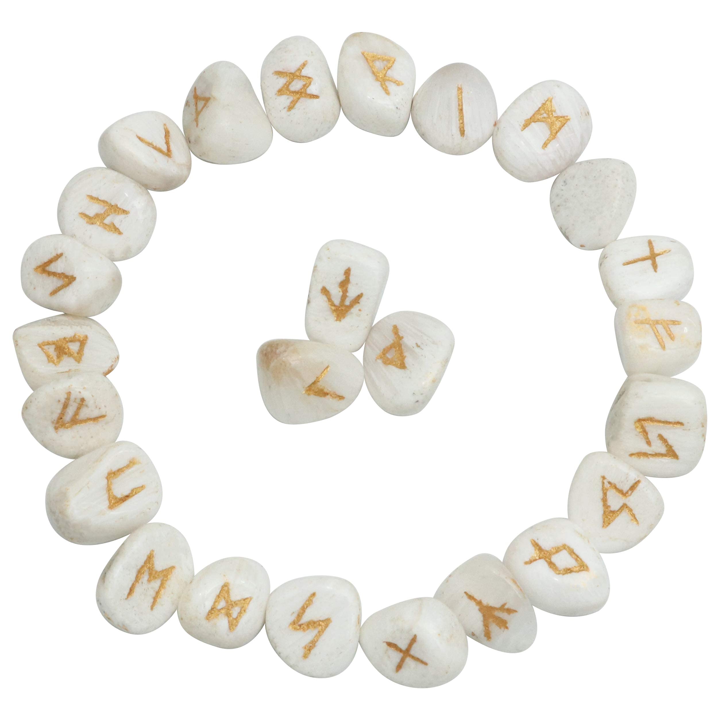 Crocon Scolecite Rune Tumble Shape Gemstone Rune with Elder Futhark Alphabet Engraved 25 pcs Runes Set Crystal Divination Healing Chakra Reiki with a Pouch Size : 15-20 mm