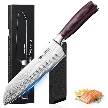 DiiHAUZZ Santoku Knife 18 cm Sharp High Carbon Stainless Steel Kitchen Knife with 12  Blade Ergonomic Pakka Wood Handle Professional Utility Knife for Meat Fruit and Vegetables