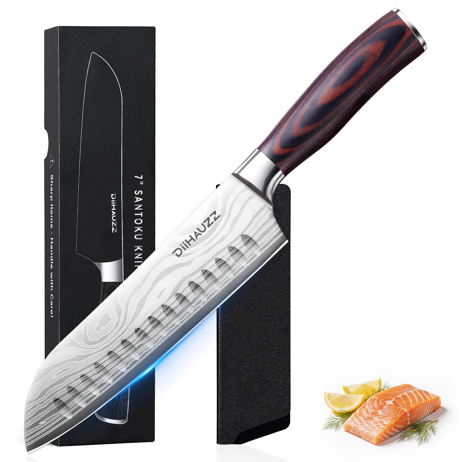 DiiHAUZZ Santokumesser 18cm, Scharfes Hochkohlenstoff-Edelstahl Küchenmesser mit 12° Klinge, Ergonomischer Pakkaholzgriff, Profi Allzweckmesser für Fleisch, Obst und Gemüse