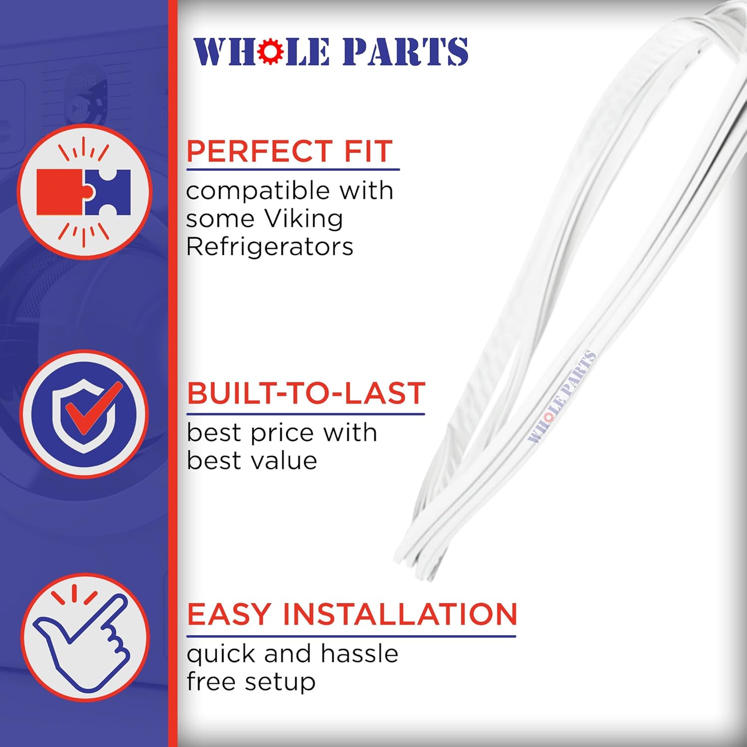 Upgraded Whole Parts Refrigerator Freezer Door Seal Gasket, (Magnetic Strip Inside, White), Single Piece, Part# 005450-000 - Replacement & Compatible with Some Viking Refrigerators