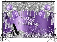 Vista 2 de Mocsicka Telón de fondo de cumpleaños morado y plateado, decoración de fiesta de cumpleaños, globos con purpurina, tacones altos, telón de fondo