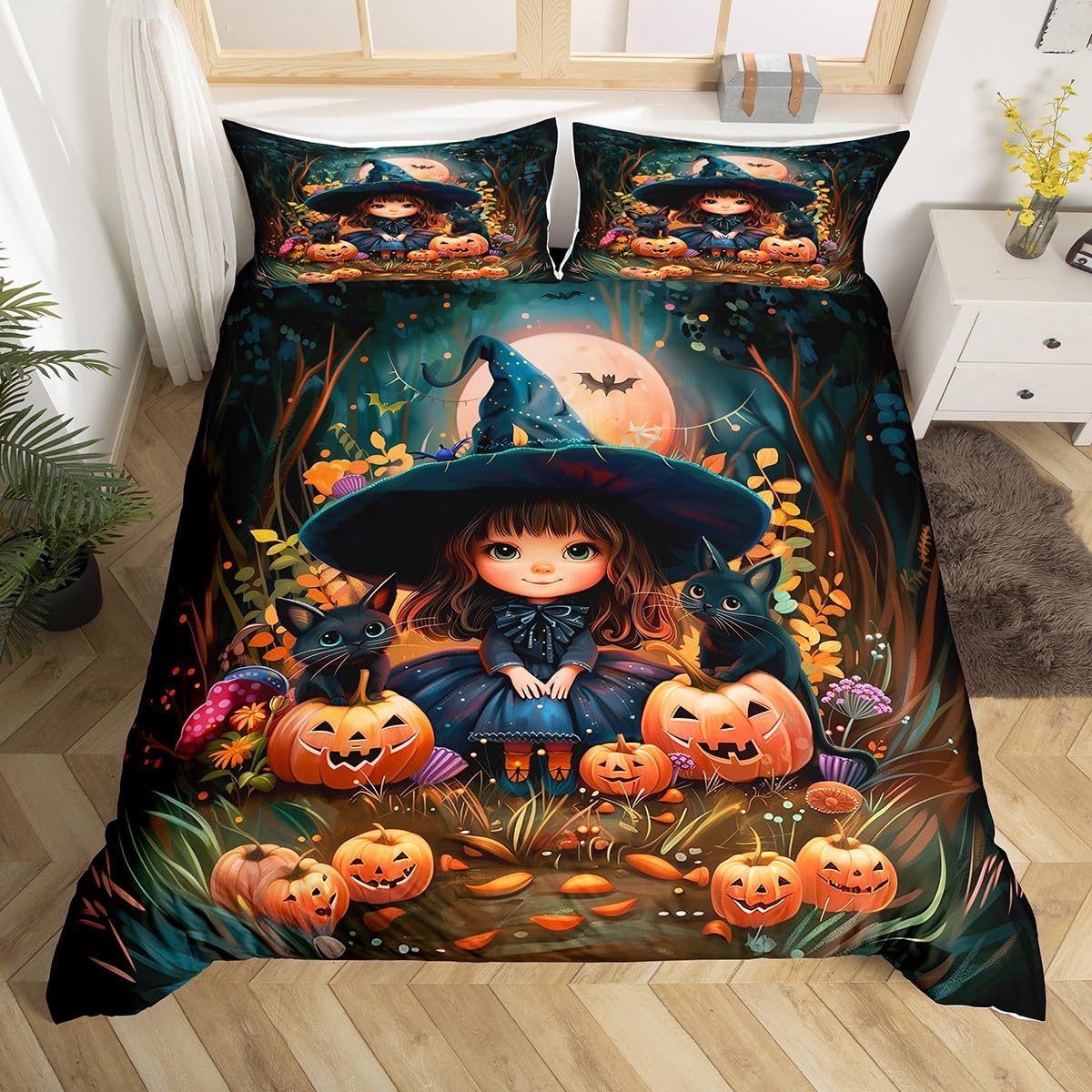 Parure de lit Halloween bleu encre pour cocooner en automne dans une chambre de fille
