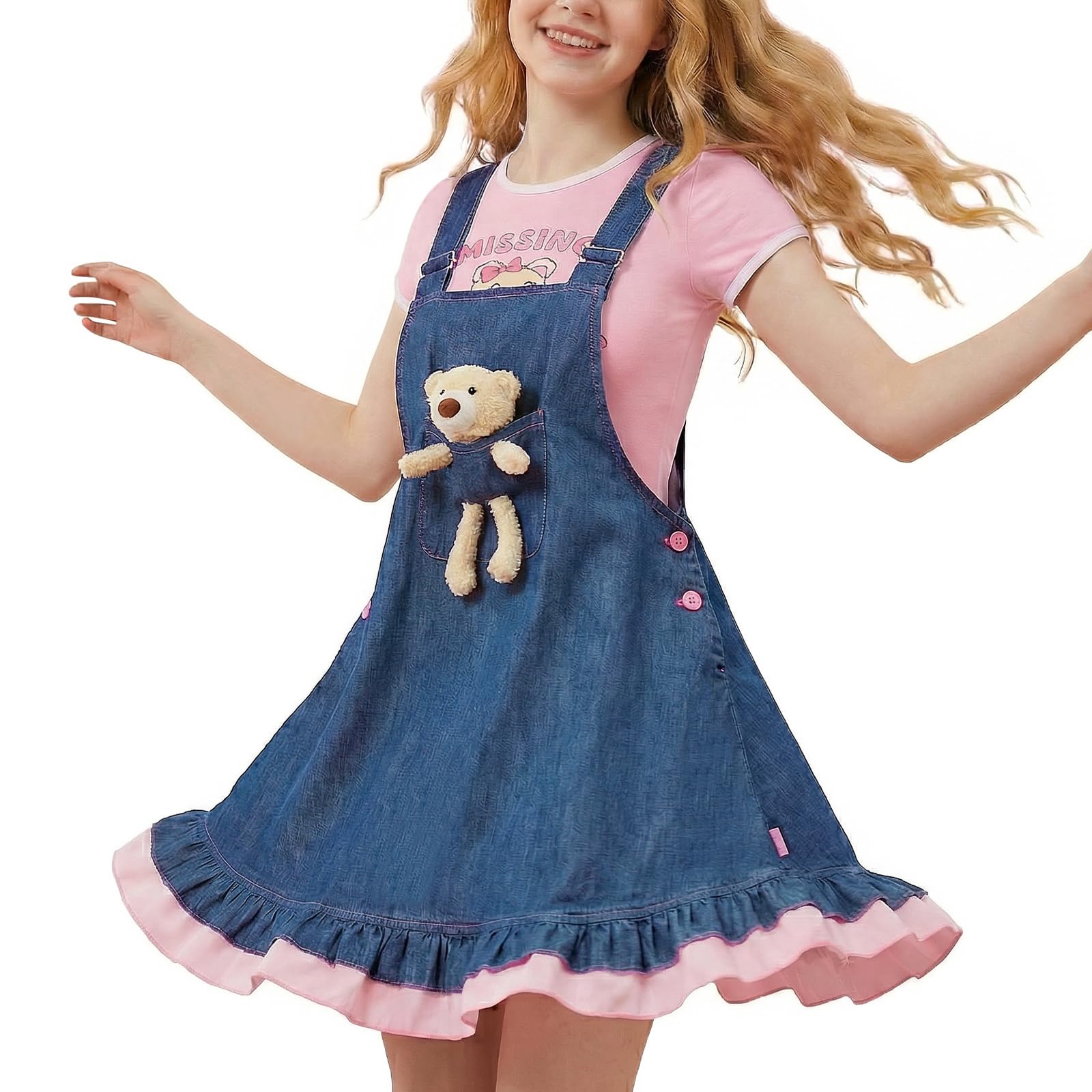 CutiePlusU Robe salopette d'été décontractée pour femme | Ours en peluche à bretelles réglables 100 % coton