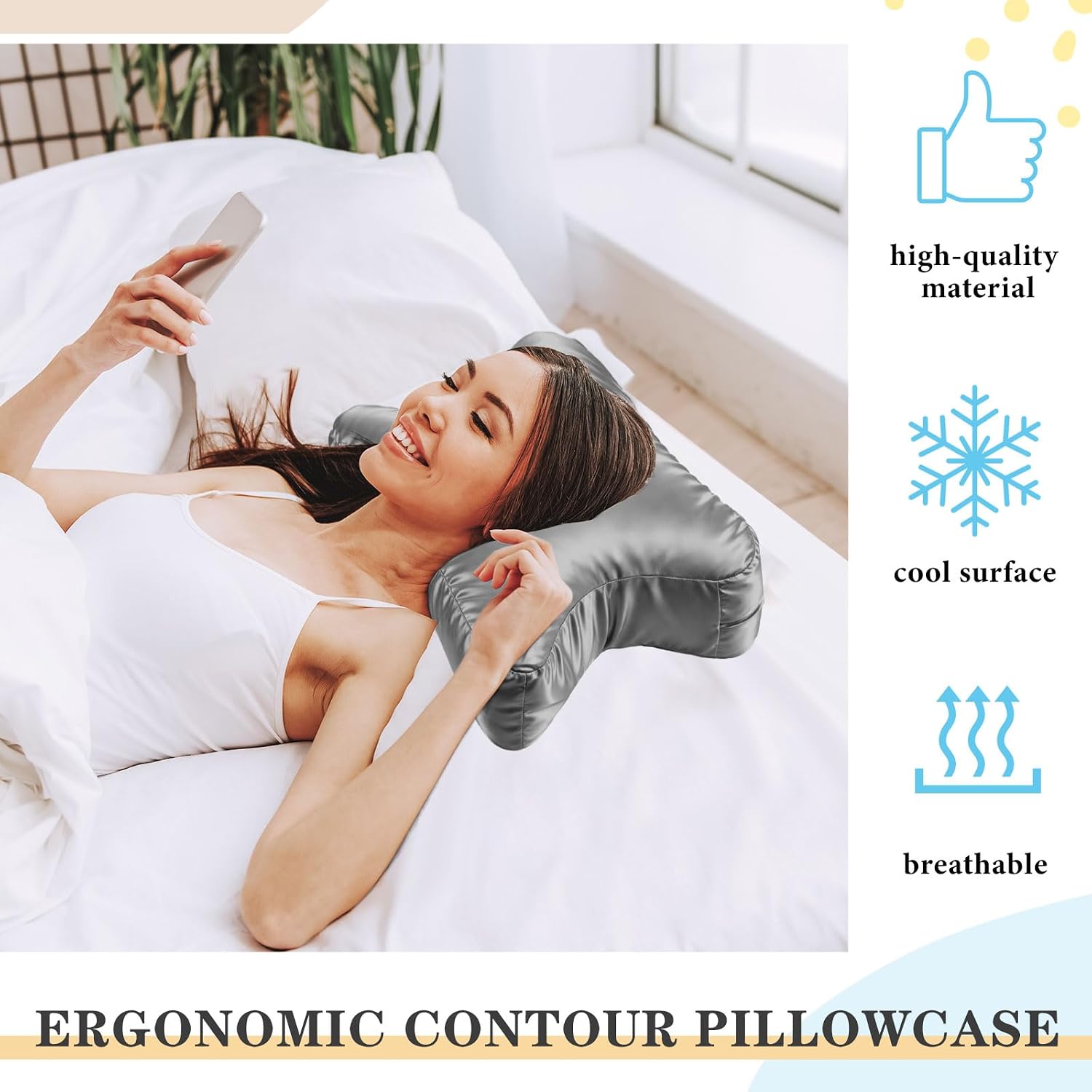 HunnmingRe Satin CPAP Pillow Cover for Side Sleeping (Only Pillowcase) Cervical Pillow Cover Adjustable Cpap Satin Neck Pillowcase to Reduce Air Leaks Dryness Mask Discomfort(Dark Gray)