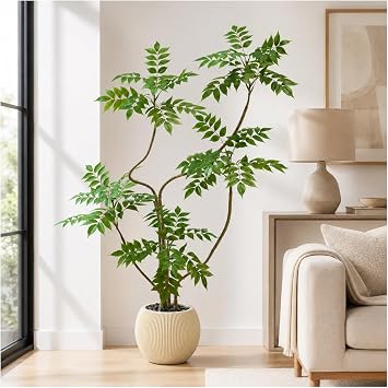 Artificial Sumac Tree 5FT Faux Mahonia Fortunei Tree Fake Plants | Realistic Fake Floor Plant Elegant Branches & Textured Planter for Minimalist Decor Indoor Home Office Hotel Patio Studio