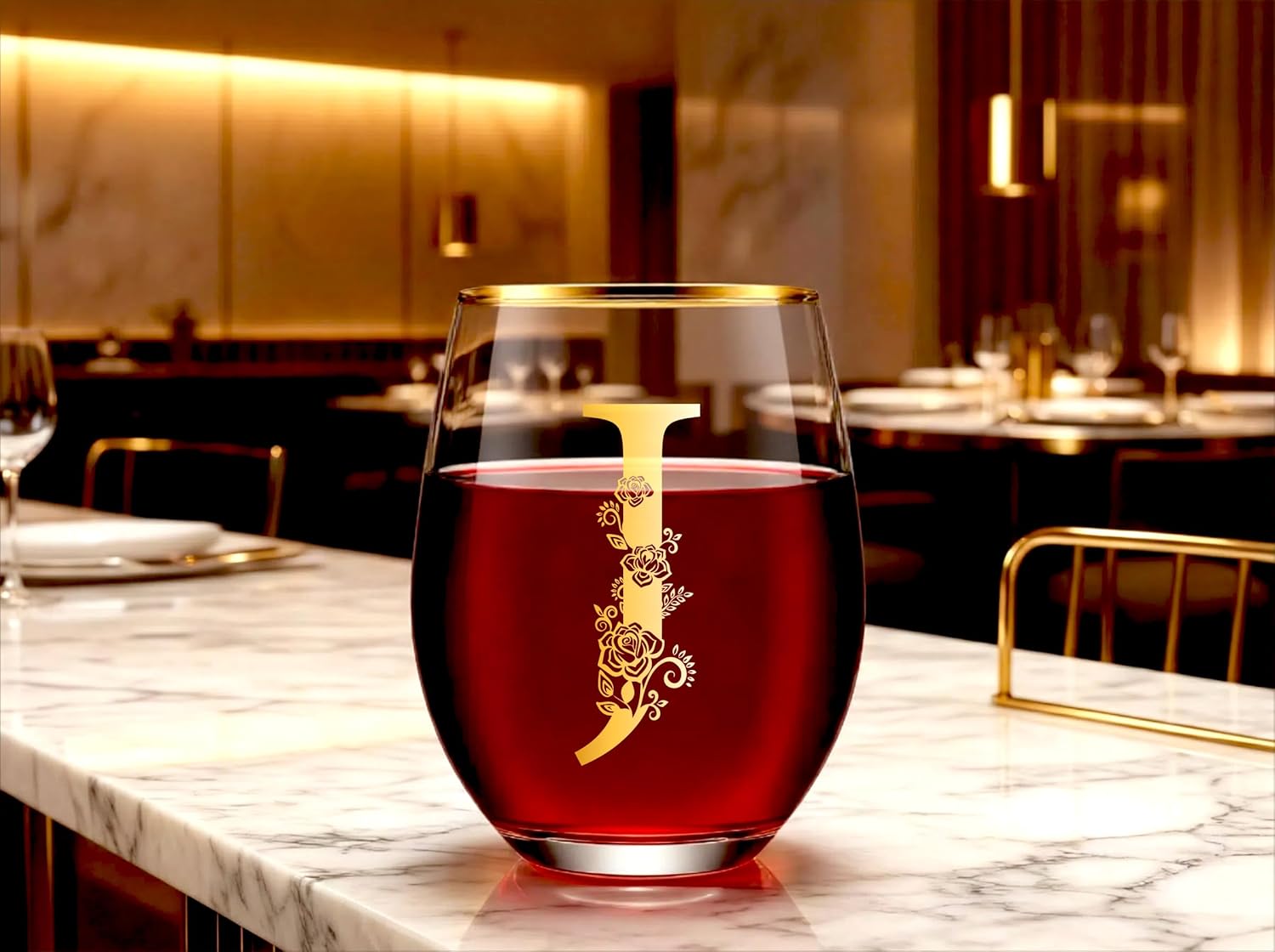 Unique Stemless Floral Monogram Wine Glass Engraved-Initial Wine Cup for Red or White 15oz Wine Glass Cup Letter J- Gifts for Women Men Birthday Christmas Gifts Wedding Bridesmaid Proposal - Image 2