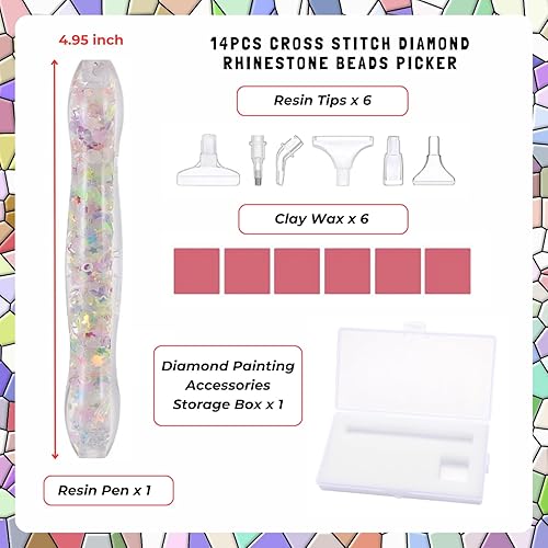 Miniatura 3 de Juego de 14 bolígrafos artísticos de pintura de diamante, herramientas luminosas de resina 5D con cera y caja de almacenamiento, recogedor de